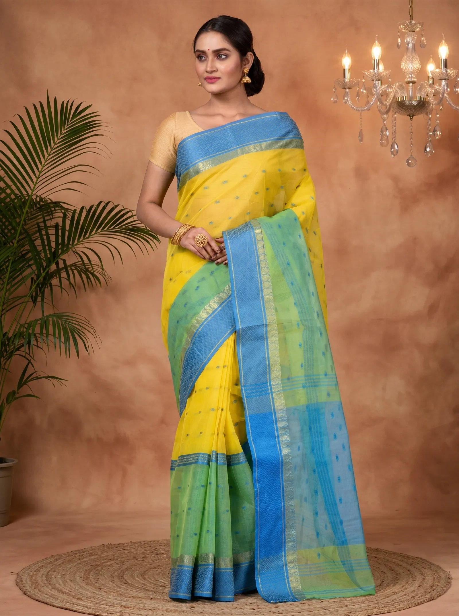 DipDiya Pure Cotton  Traditional Bengali Yellow Artisan Crafted Ganga Jamuna  Tant Saree