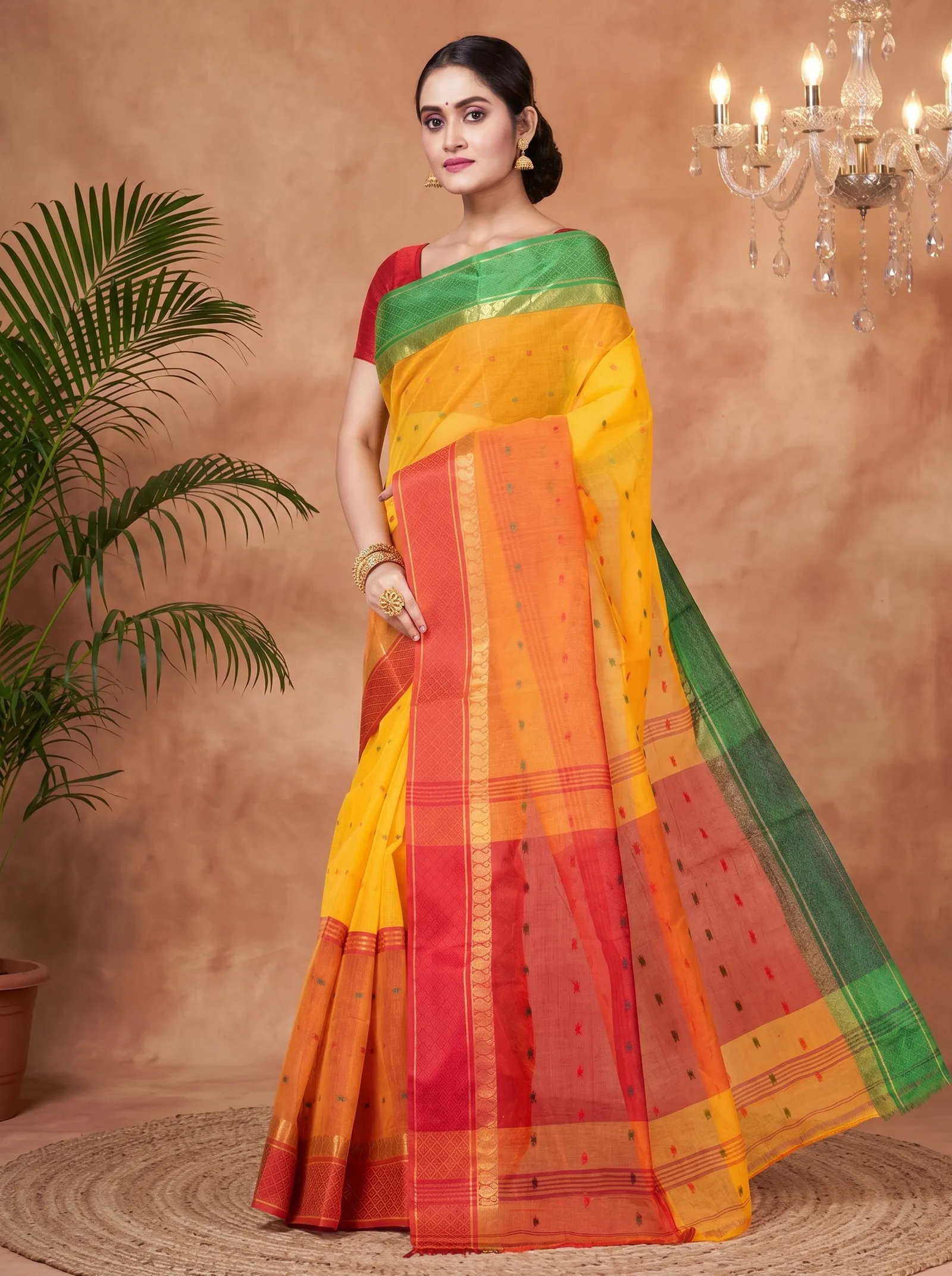 DipDiya Pure Cotton  Traditional Bengali Yellow Artisan Crafted Ganga Jamuna Buti Tant Saree