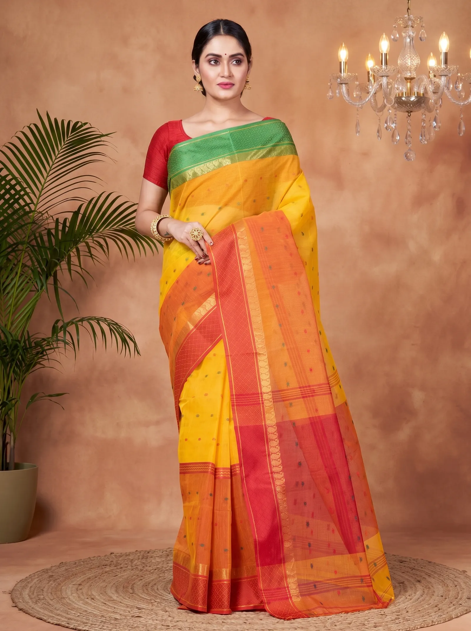 DipDiya Pure Cotton  Traditional Bengali Yellow Artisan Crafted Ganga Jamuna Buti Tant Saree