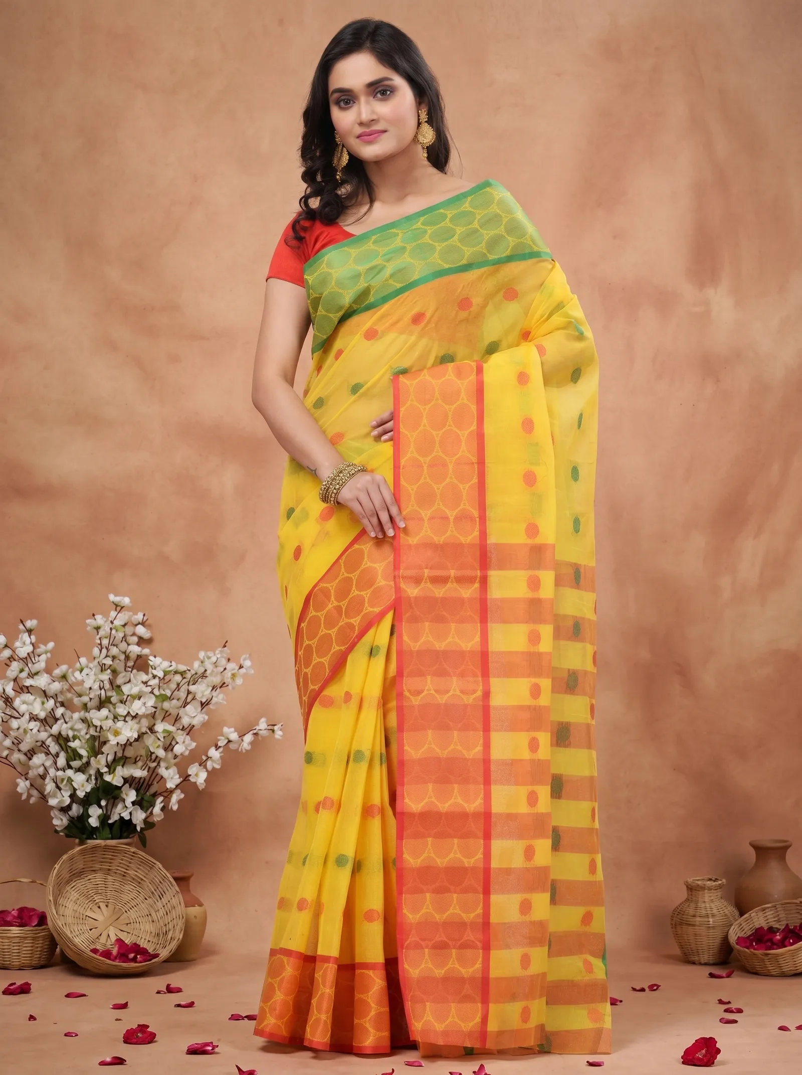 DipDiya Pure Cotton  Traditional Bengali Yellow Artisan Crafted Gangaa Jamuna Tant Saree