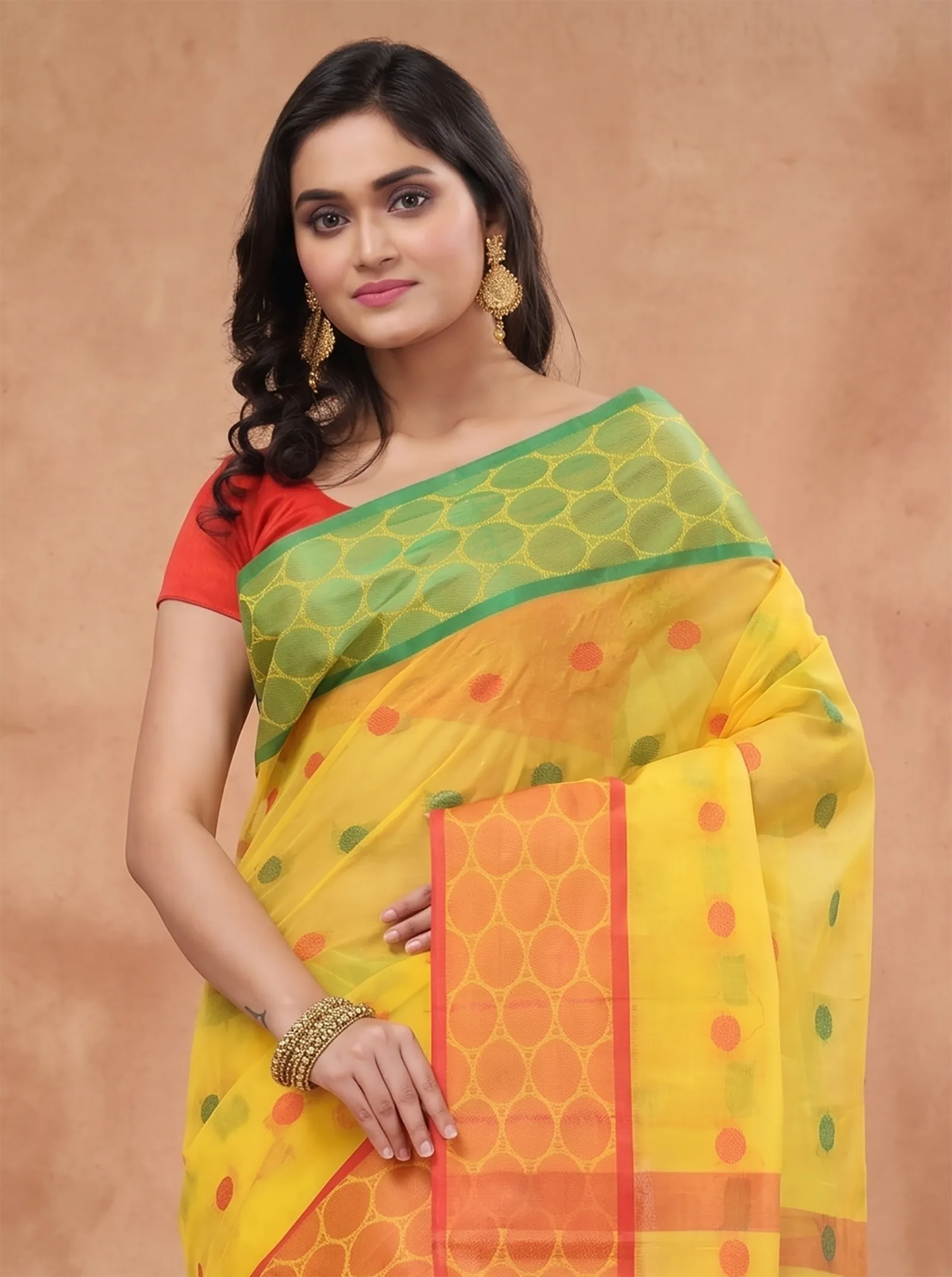 DipDiya Pure Cotton  Traditional Bengali Yellow Artisan Crafted Gangaa Jamuna Tant Saree