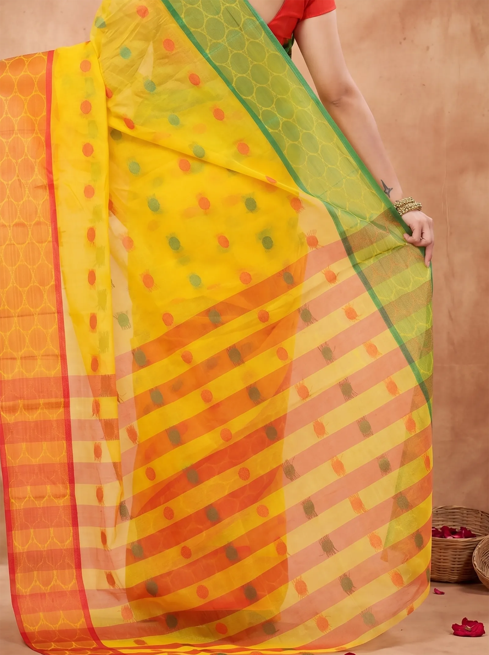 DipDiya Pure Cotton  Traditional Bengali Yellow Artisan Crafted Gangaa Jamuna Tant Saree