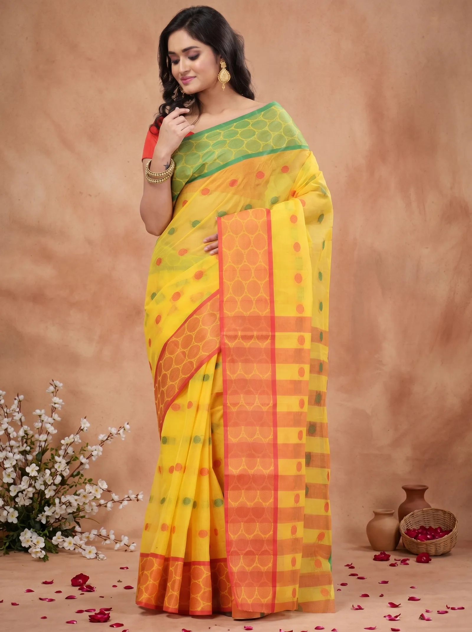 DipDiya Pure Cotton  Traditional Bengali Yellow Artisan Crafted Gangaa Jamuna Tant Saree