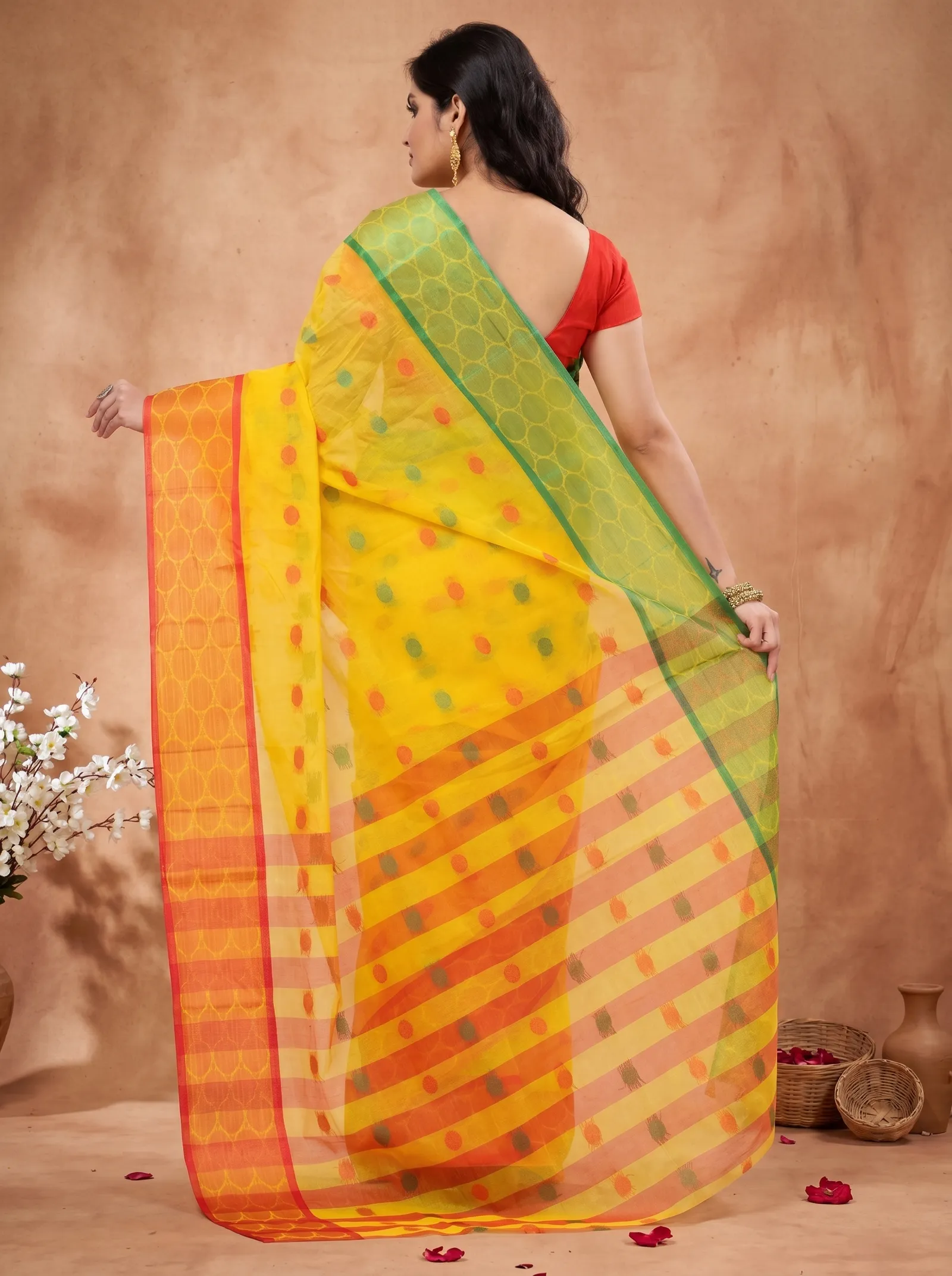 DipDiya Pure Cotton  Traditional Bengali Yellow Artisan Crafted Gangaa Jamuna Tant Saree