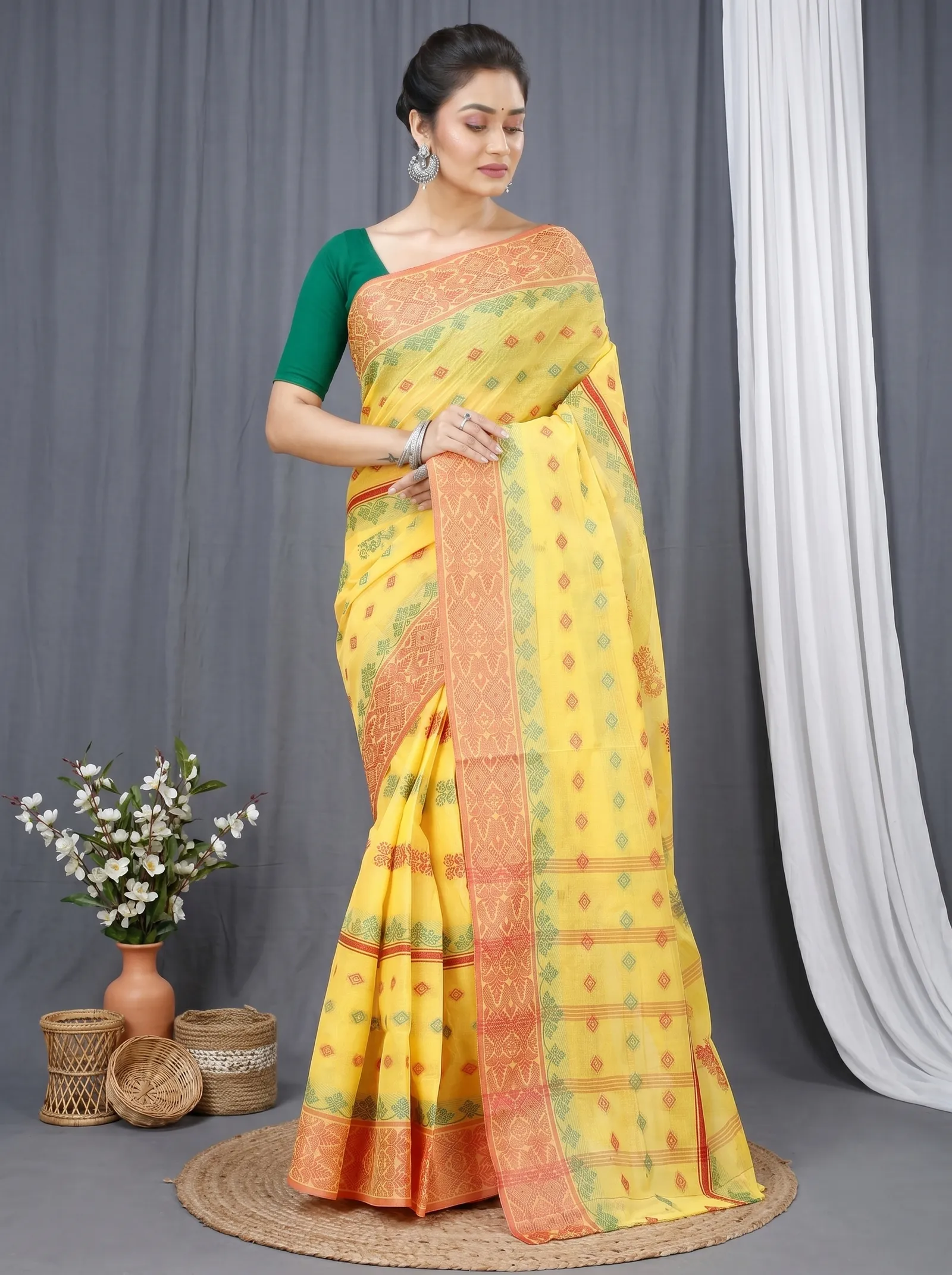 DipDiya Pure Cotton  Traditional Bengali Yellow Artisan Crafted Ghusoon Tant Saree