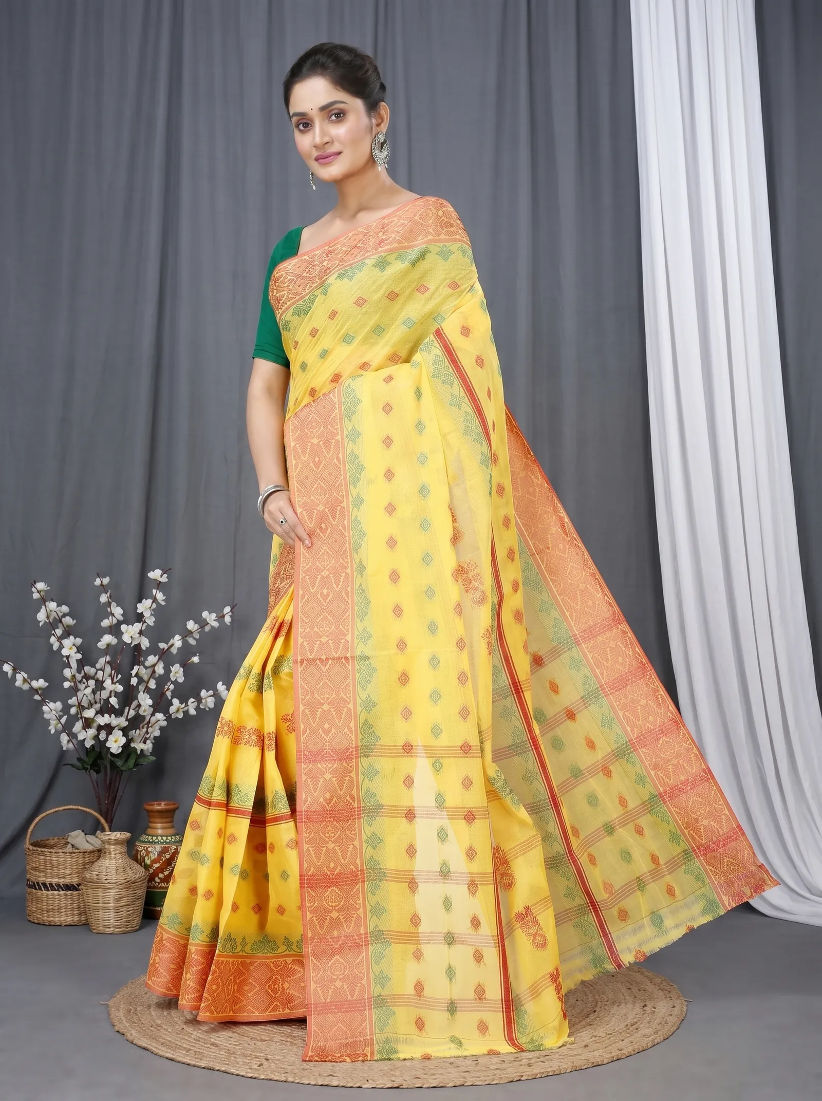 DipDiya Pure Cotton  Traditional Bengali Yellow Artisan Crafted Ghusoon Tant Saree