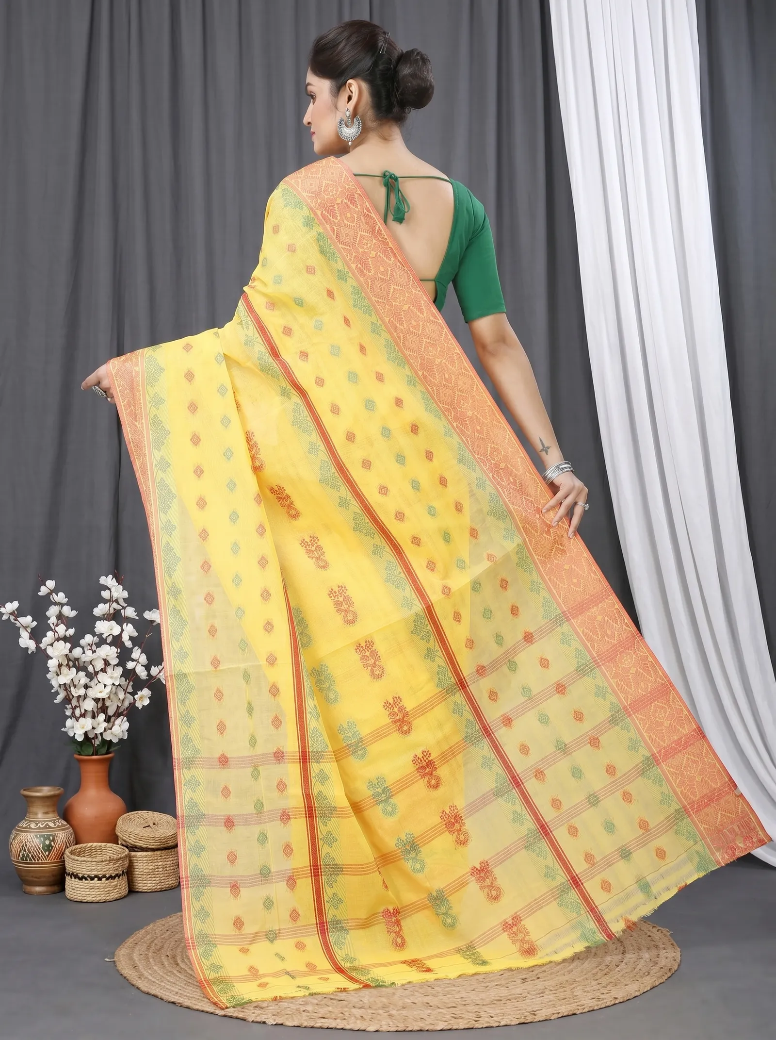 DipDiya Pure Cotton  Traditional Bengali Yellow Artisan Crafted Ghusoon Tant Saree