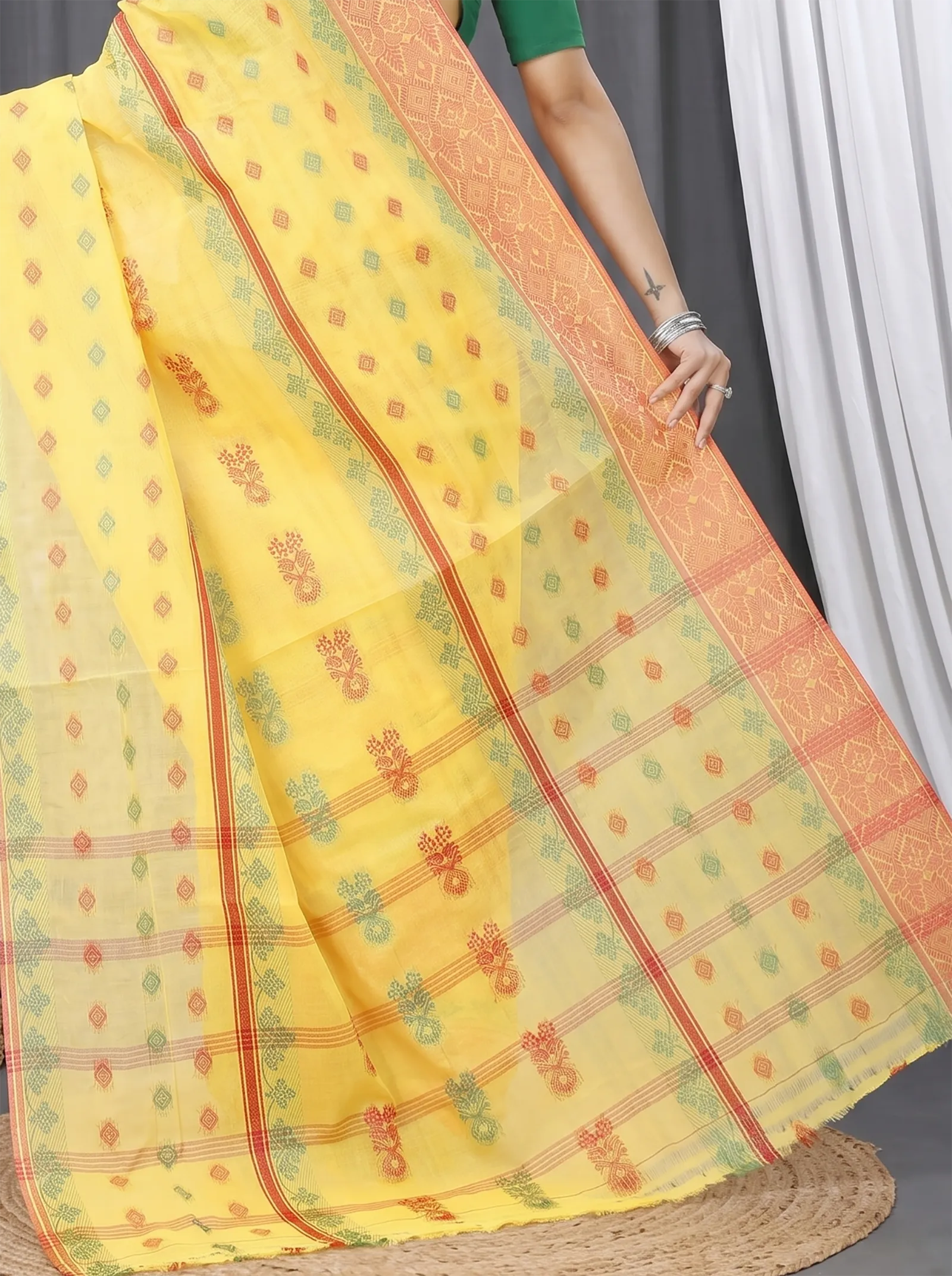 DipDiya Pure Cotton  Traditional Bengali Yellow Artisan Crafted Ghusoon Tant Saree