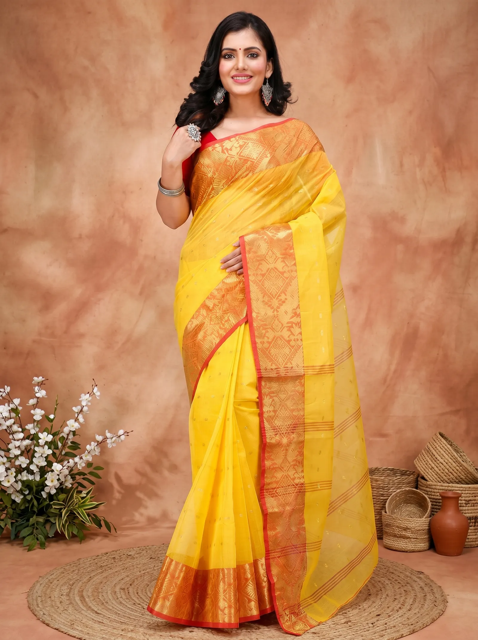 DipDiya Pure Cotton  Traditional Bengali Yellow Artisan Crafted Gopa Tant Saree