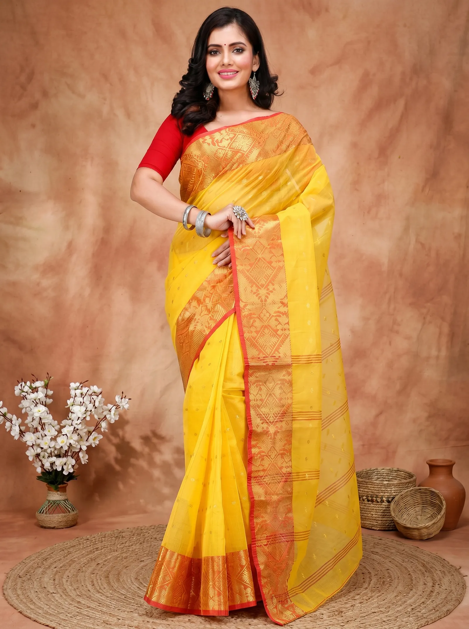 DipDiya Pure Cotton  Traditional Bengali Yellow Artisan Crafted Gopa Tant Saree