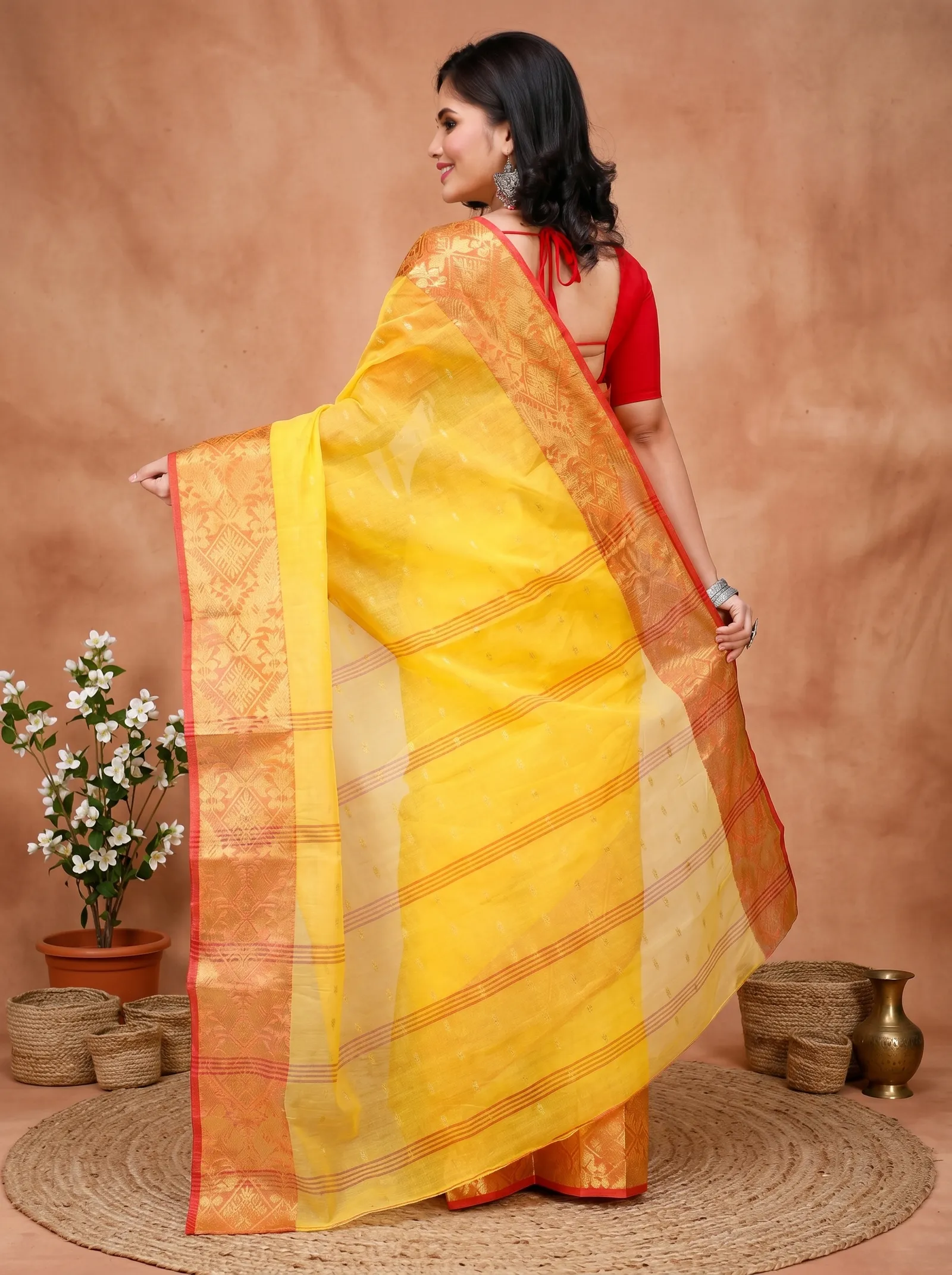 DipDiya Pure Cotton  Traditional Bengali Yellow Artisan Crafted Gopa Tant Saree