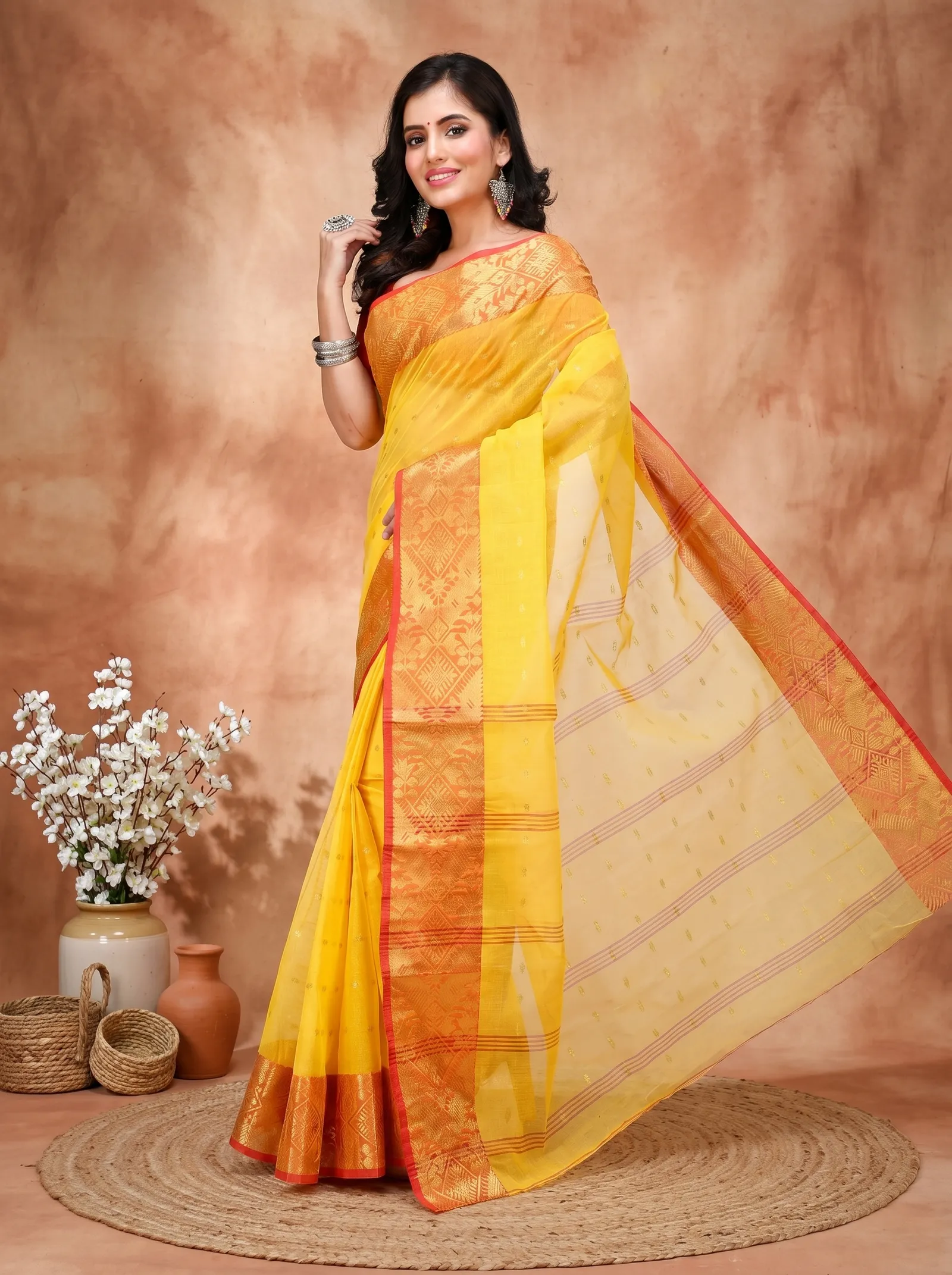 DipDiya Pure Cotton  Traditional Bengali Yellow Artisan Crafted Gopa Tant Saree