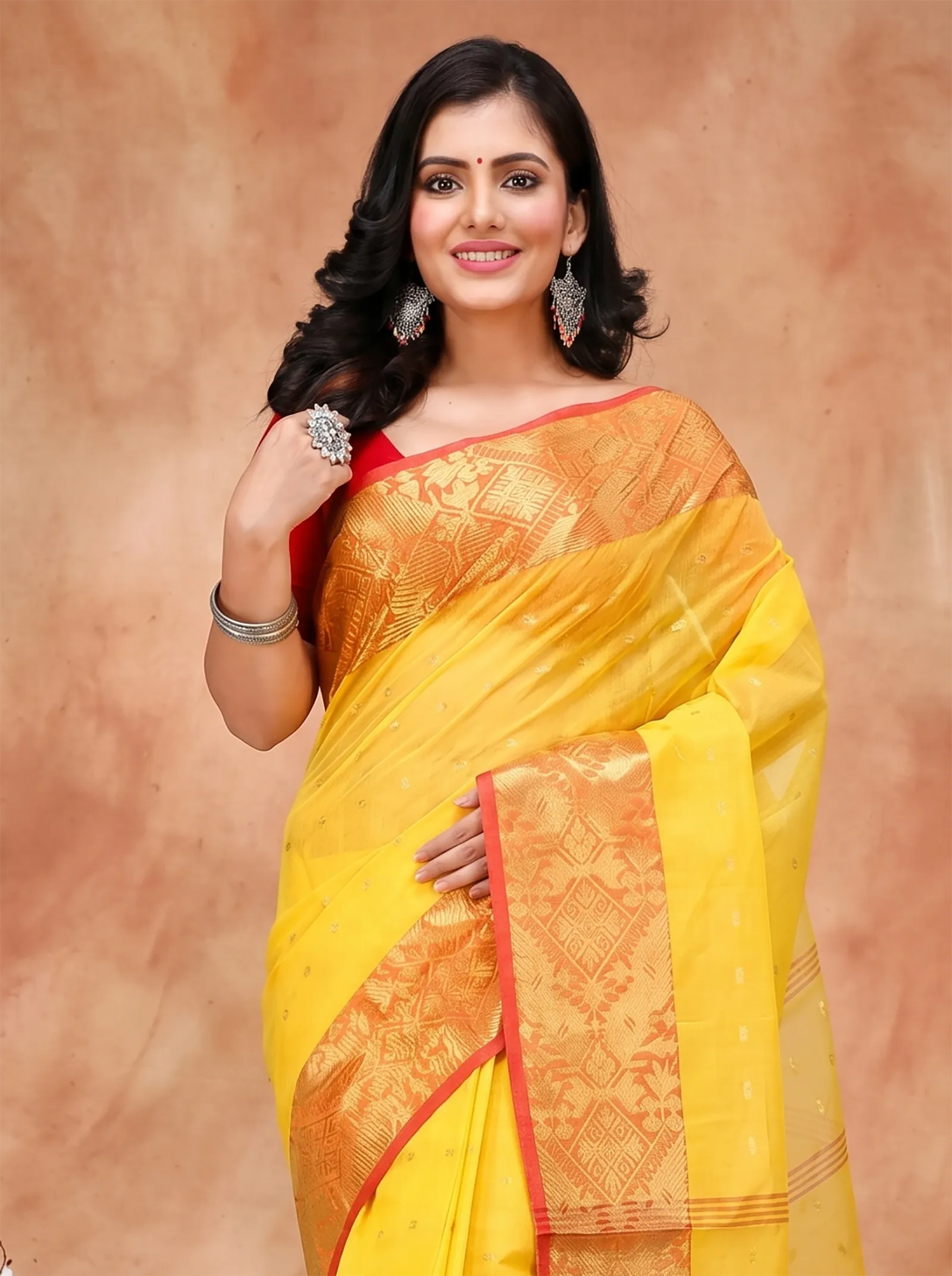 DipDiya Pure Cotton  Traditional Bengali Yellow Artisan Crafted Gopa Tant Saree
