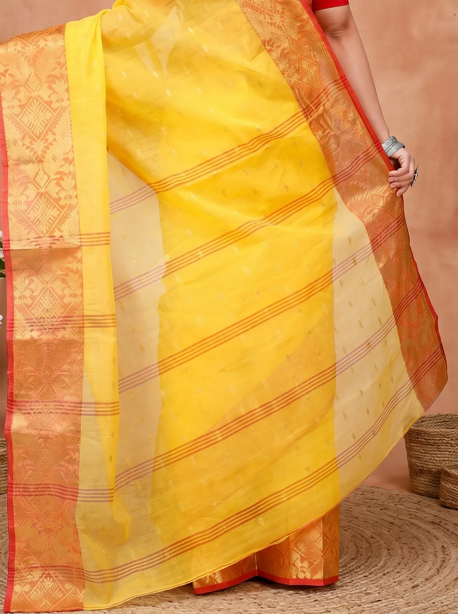 DipDiya Pure Cotton  Traditional Bengali Yellow Artisan Crafted Gopa Tant Saree