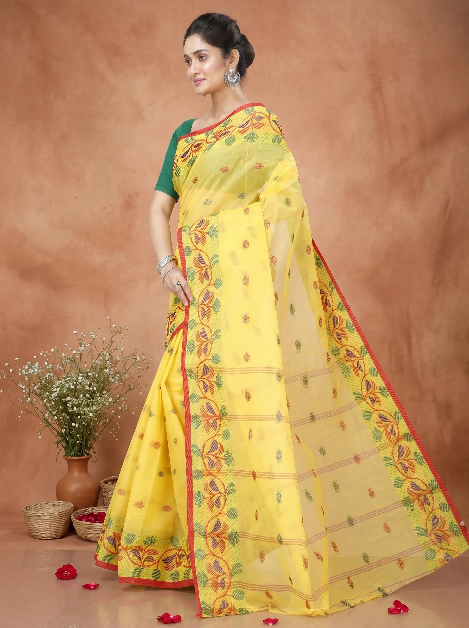 DipDiya Pure Cotton  Traditional Bengali Yellow Artisan Crafted Govindi Tant Saree