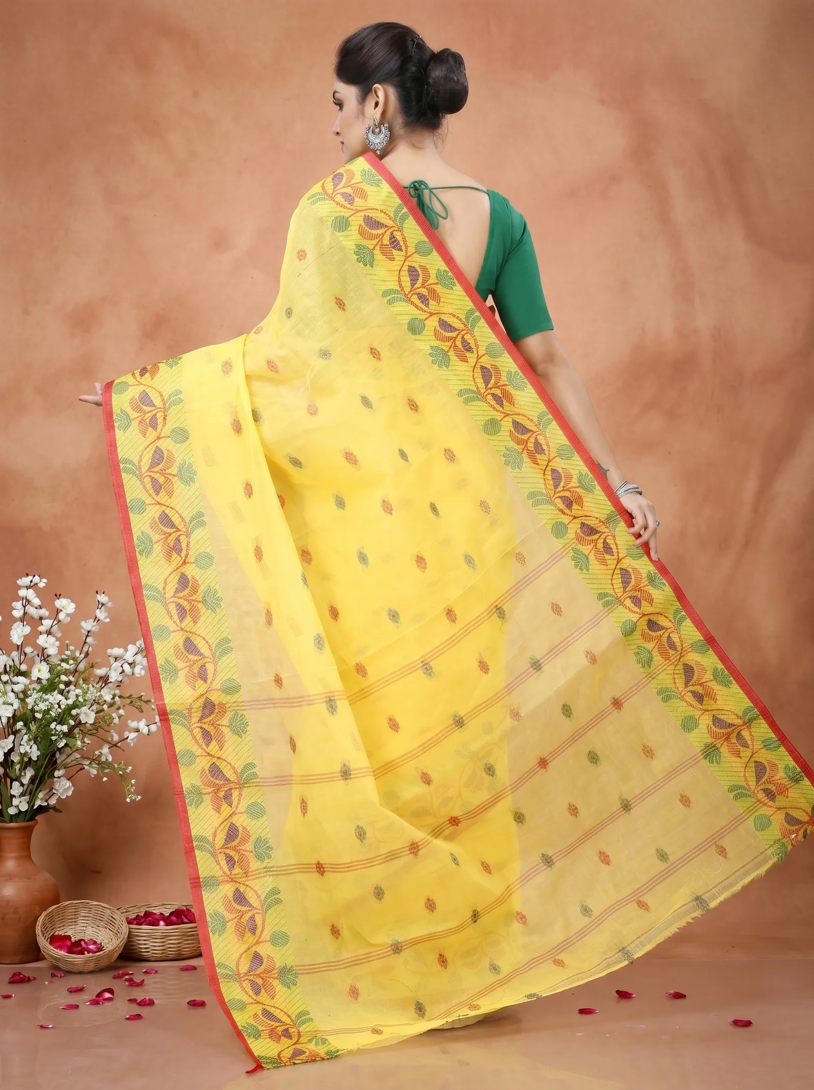 DipDiya Pure Cotton  Traditional Bengali Yellow Artisan Crafted Govindi Tant Saree