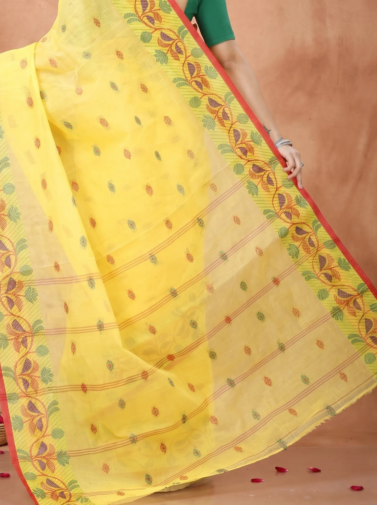 DipDiya Pure Cotton  Traditional Bengali Yellow Artisan Crafted Govindi Tant Saree