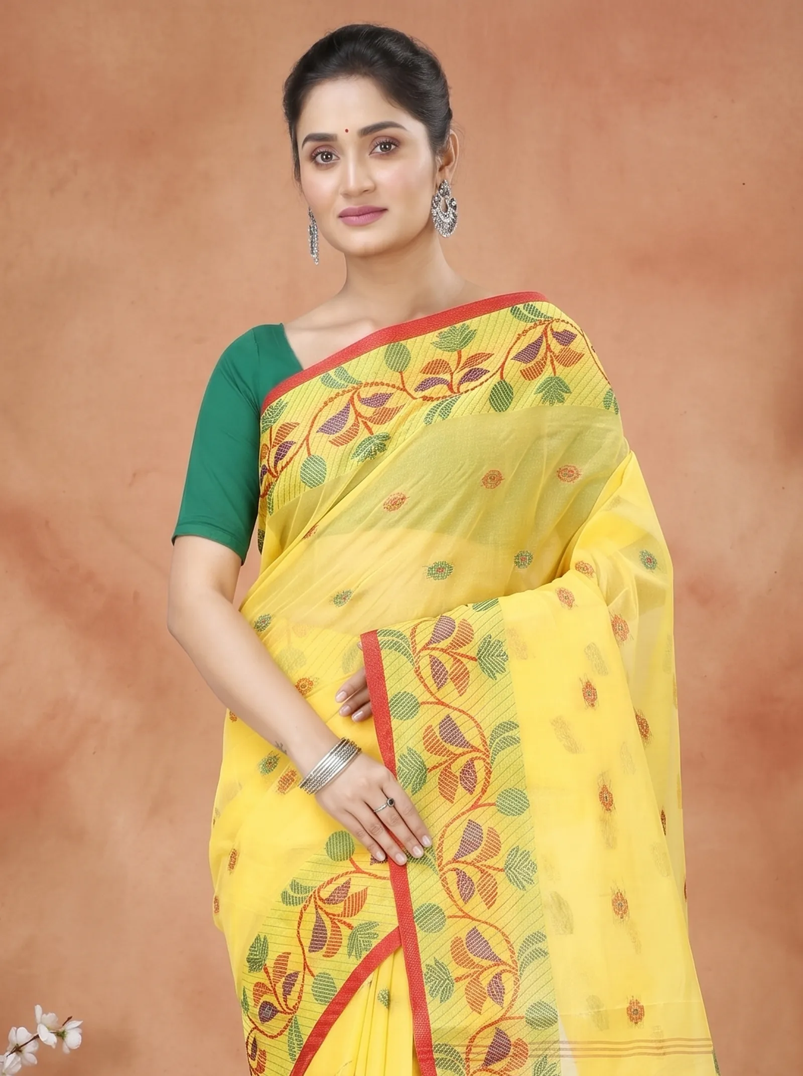 DipDiya Pure Cotton  Traditional Bengali Yellow Artisan Crafted Govindi Tant Saree