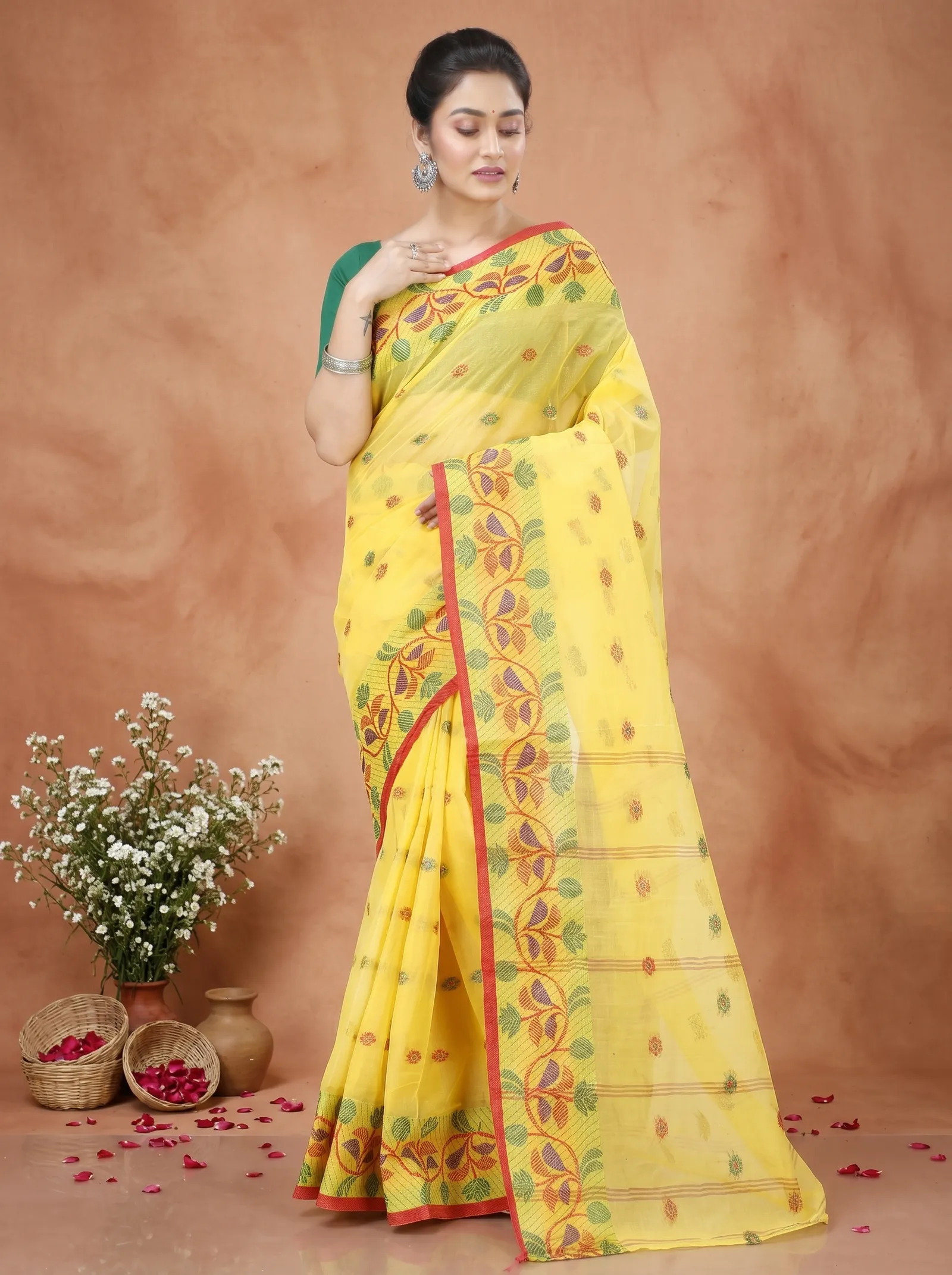 DipDiya Pure Cotton  Traditional Bengali Yellow Artisan Crafted Govindi Tant Saree