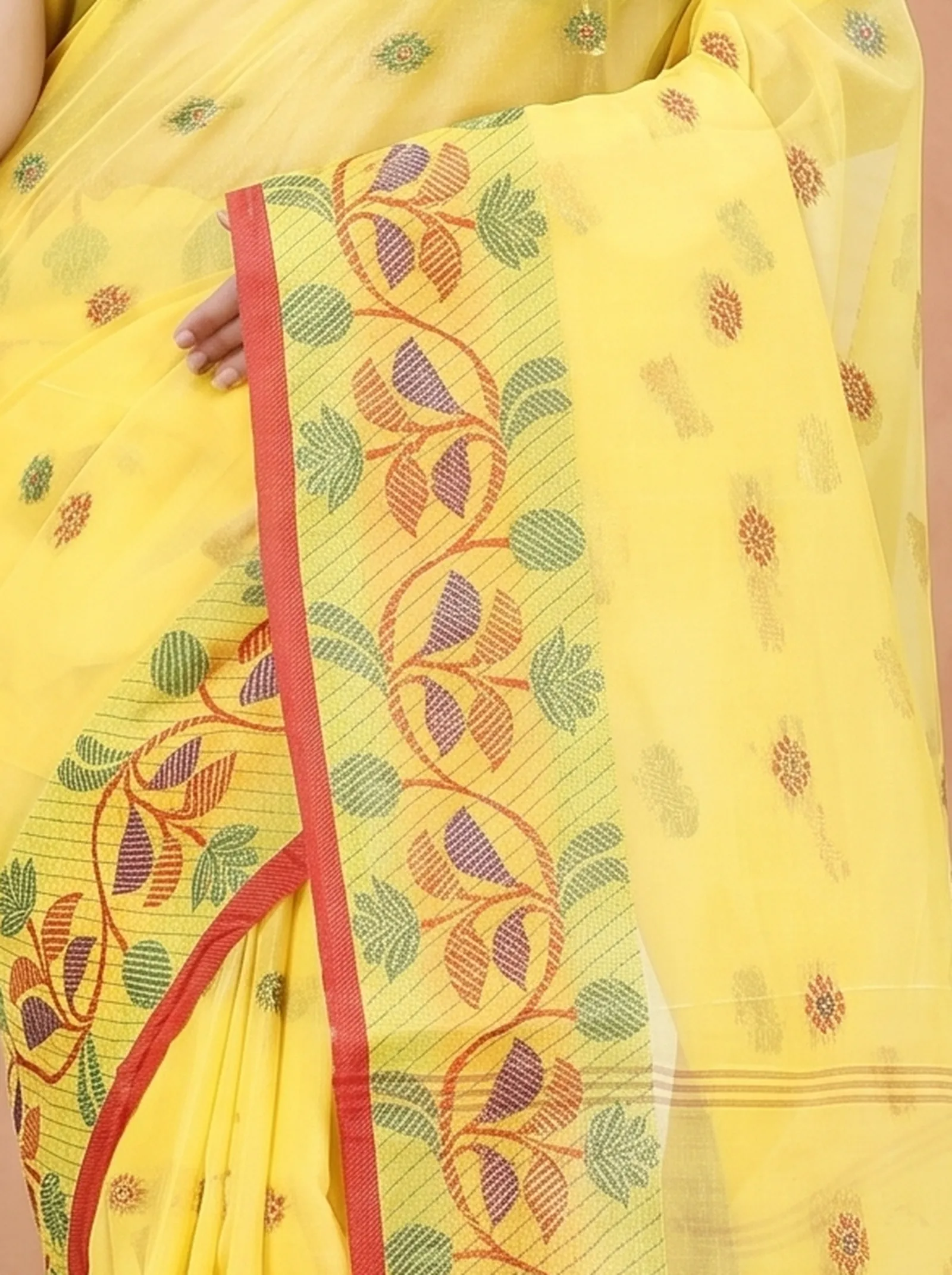 DipDiya Pure Cotton  Traditional Bengali Yellow Artisan Crafted Govindi Tant Saree