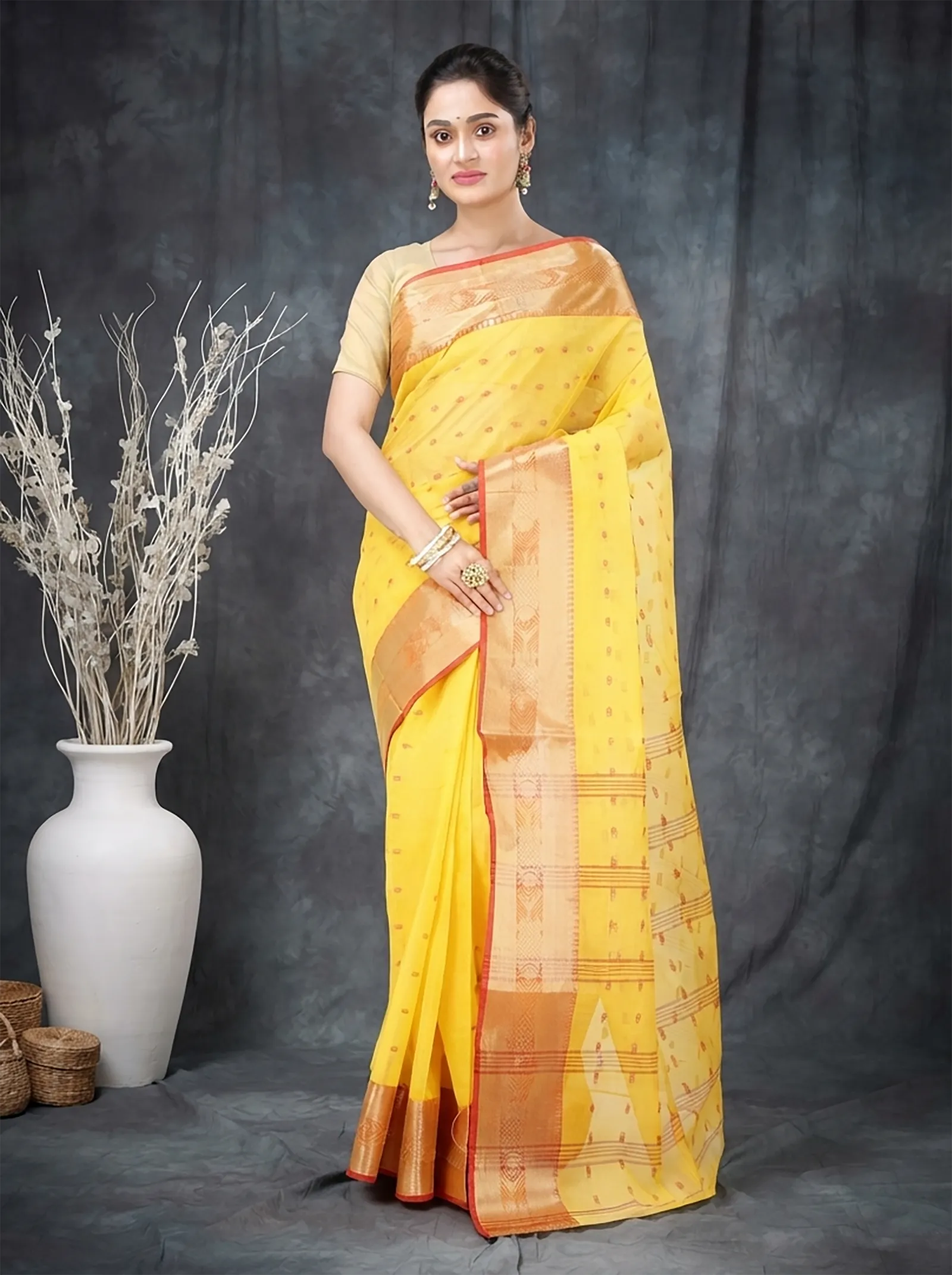 DipDiya Pure Cotton  Traditional Bengali Yellow Artisan Crafted Griva Tant Saree
