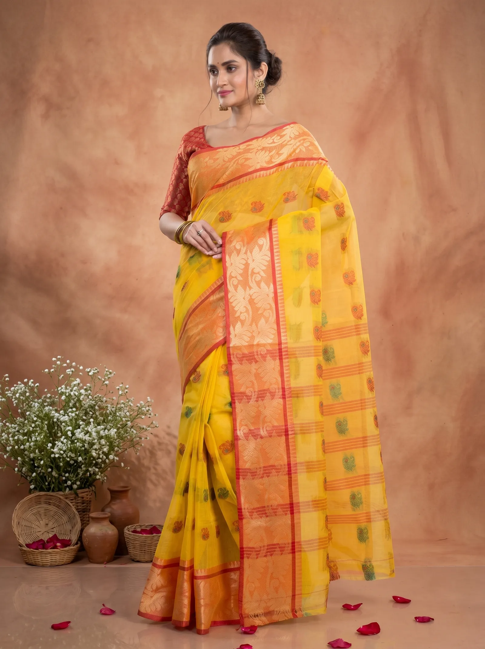 DipDiya Pure Cotton  Traditional Bengali Yellow Artisan Crafted HasFul Tant Saree