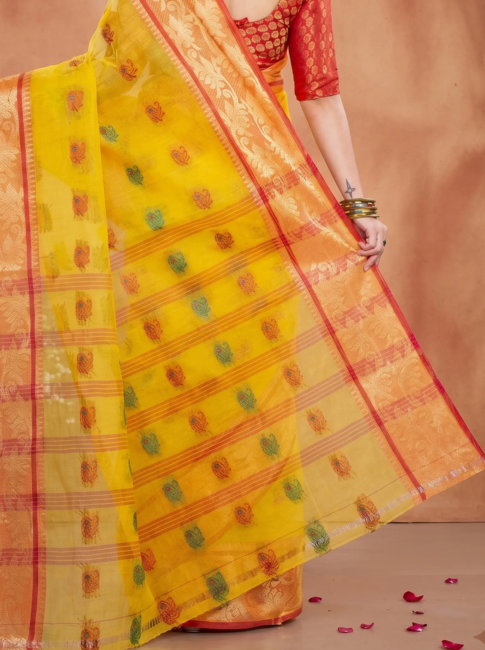 DipDiya Pure Cotton  Traditional Bengali Yellow Artisan Crafted HasFul Tant Saree