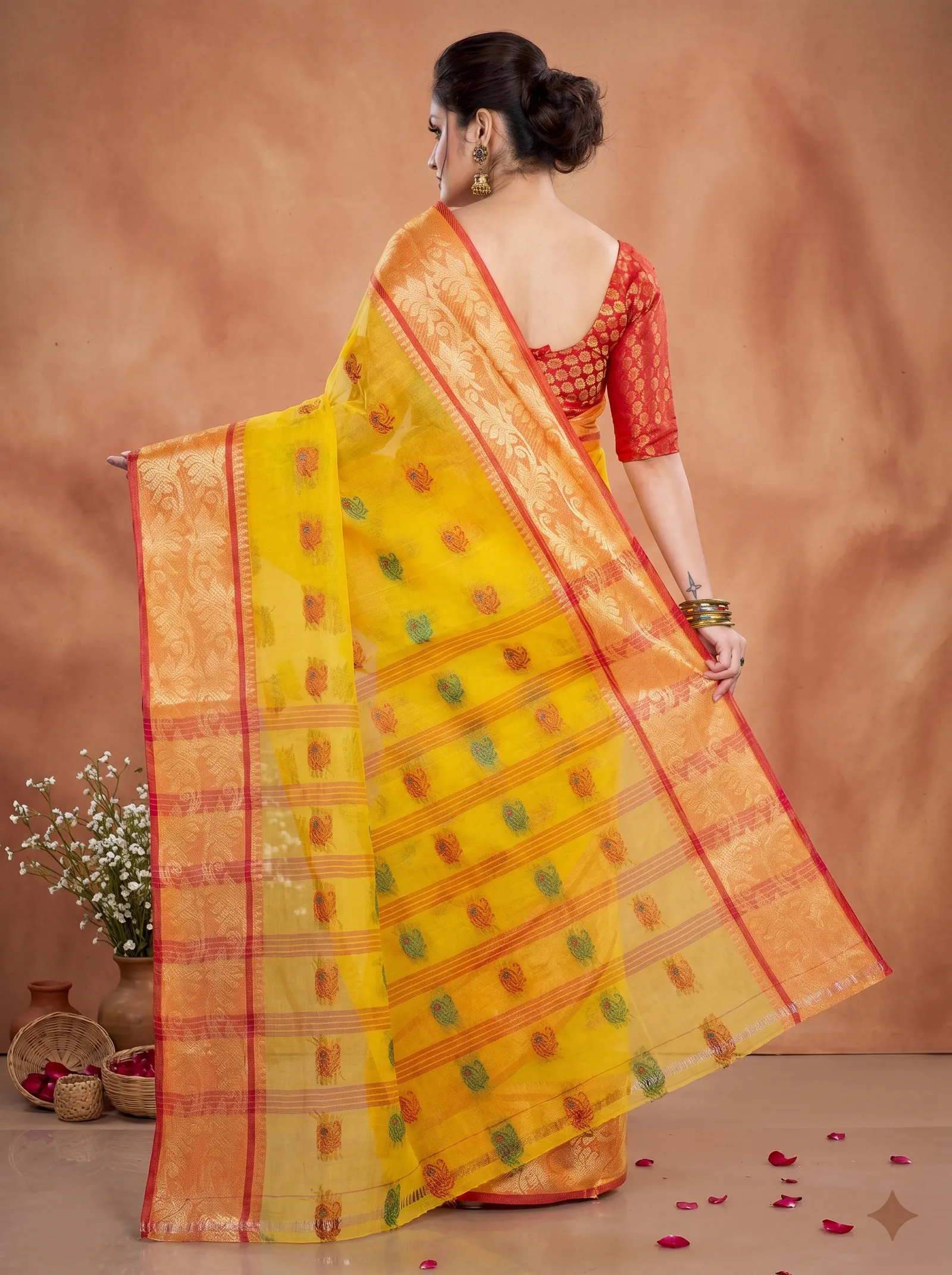 DipDiya Pure Cotton  Traditional Bengali Yellow Artisan Crafted HasFul Tant Saree