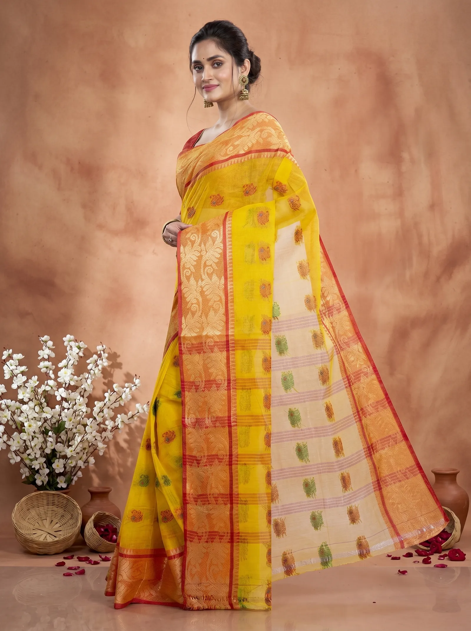 DipDiya Pure Cotton  Traditional Bengali Yellow Artisan Crafted HasFul Tant Saree