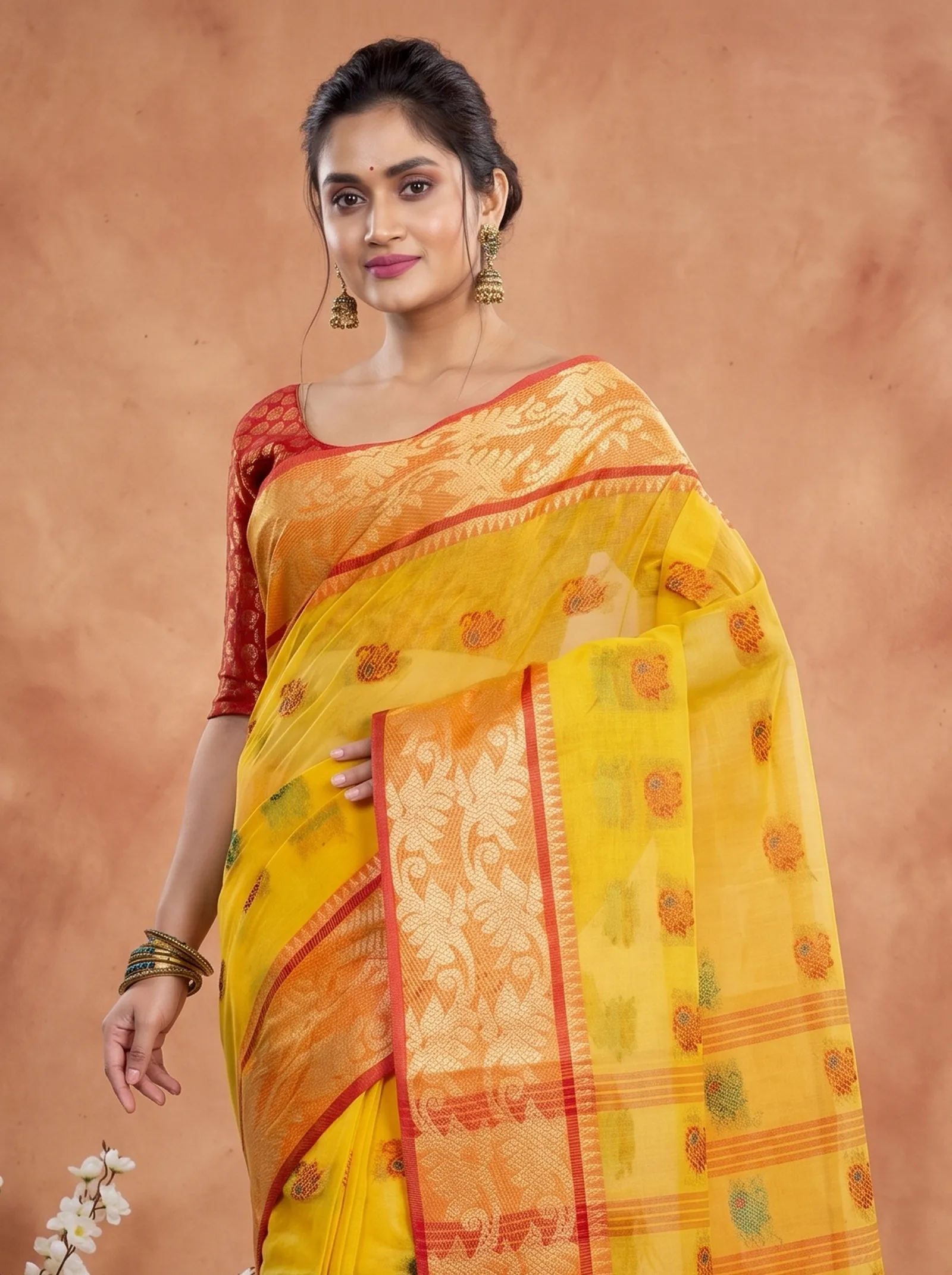 DipDiya Pure Cotton  Traditional Bengali Yellow Artisan Crafted HasFul Tant Saree
