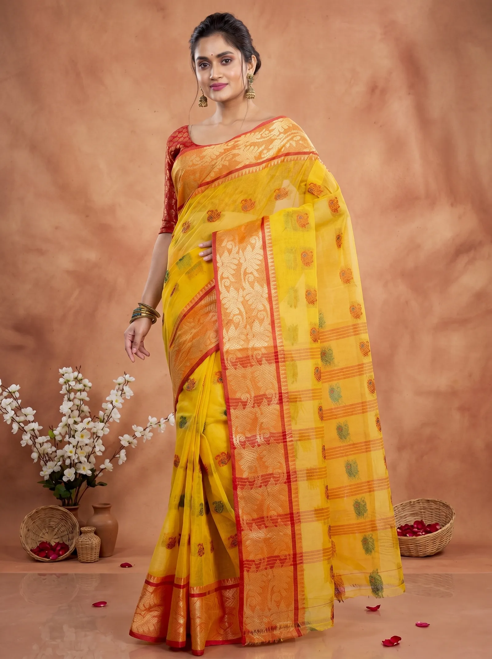 DipDiya Pure Cotton  Traditional Bengali Yellow Artisan Crafted HasFul Tant Saree