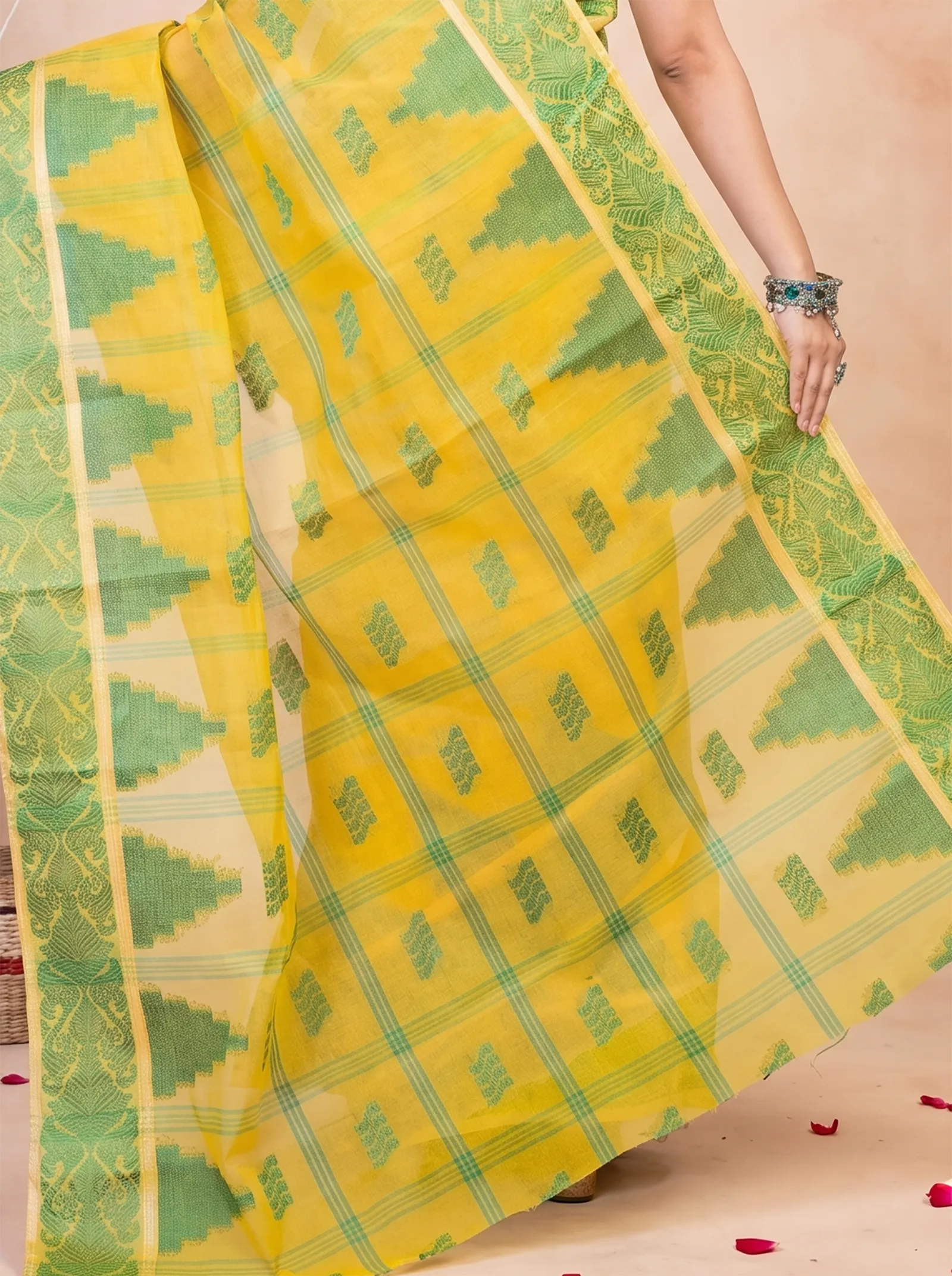 DipDiya Pure Cotton  Traditional Bengali Yellow Artisan Crafted Kamala Desiging Tant Saree