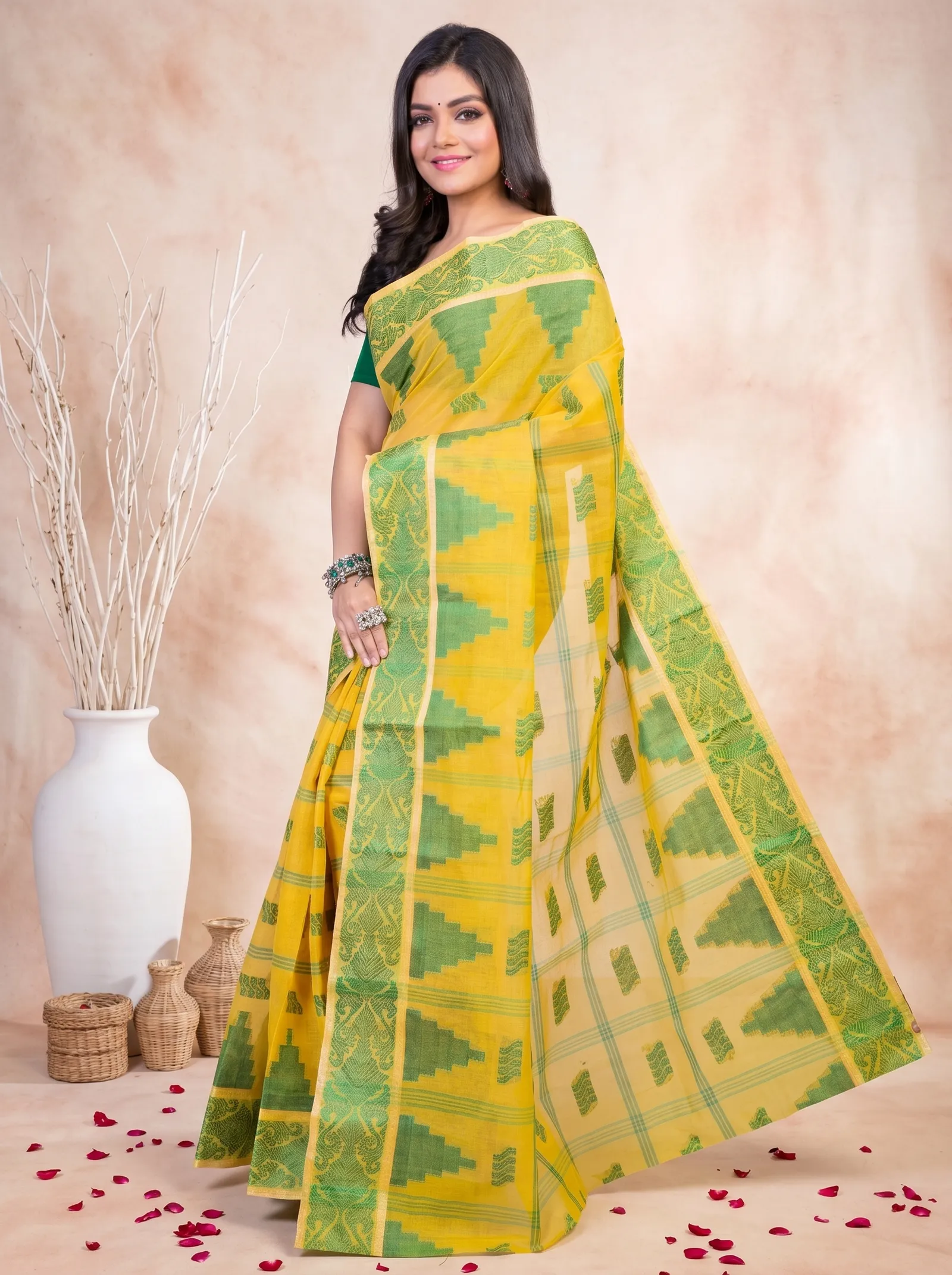 DipDiya Pure Cotton  Traditional Bengali Yellow Artisan Crafted Kamala Desiging Tant Saree