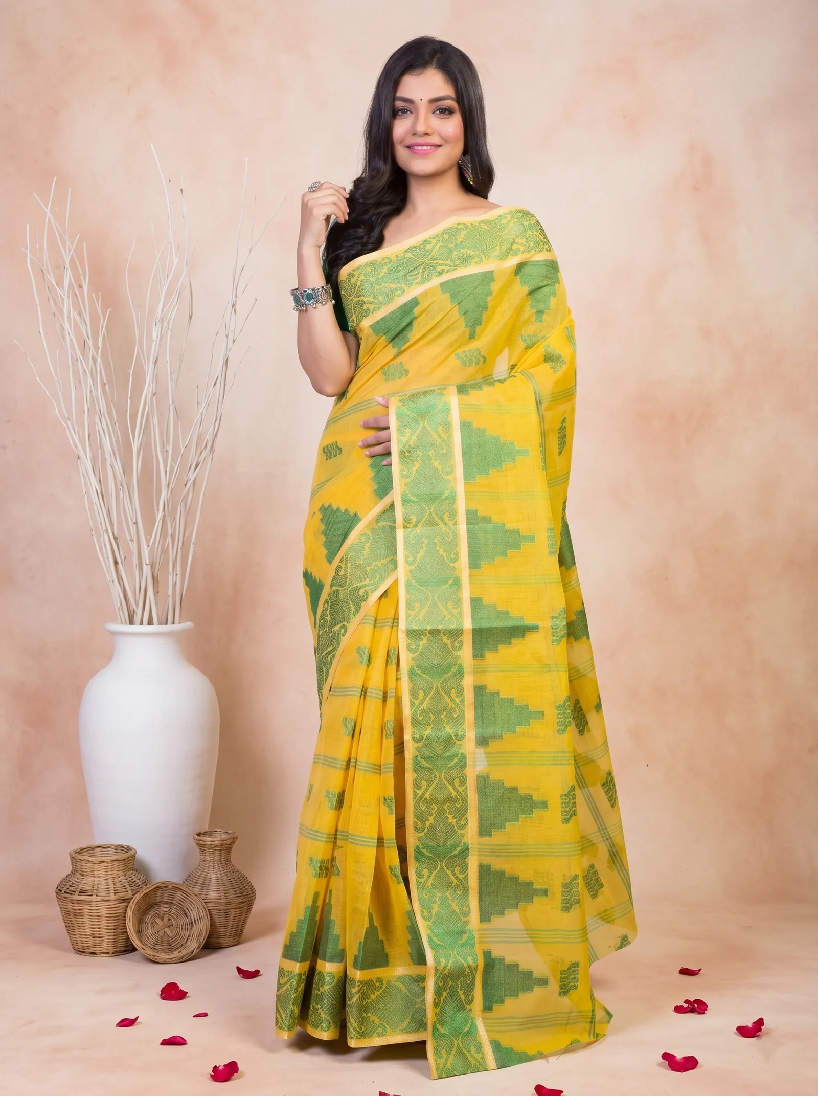DipDiya Pure Cotton  Traditional Bengali Yellow Artisan Crafted Kamala Desiging Tant Saree
