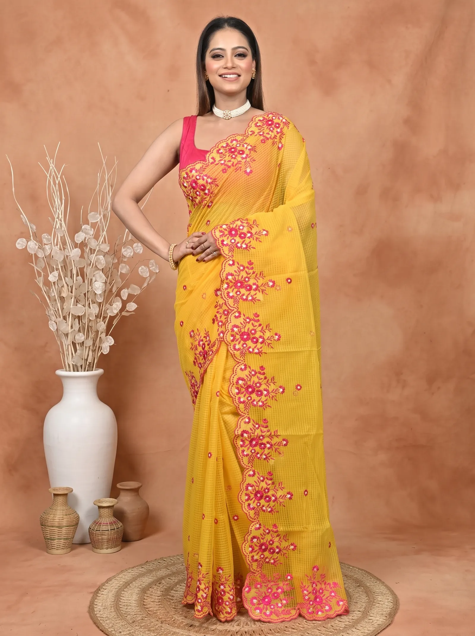 DipDiya Pure Cotton  Traditional Bengali Yellow Artisan Crafted Kotambo Kota Embroidery Saree