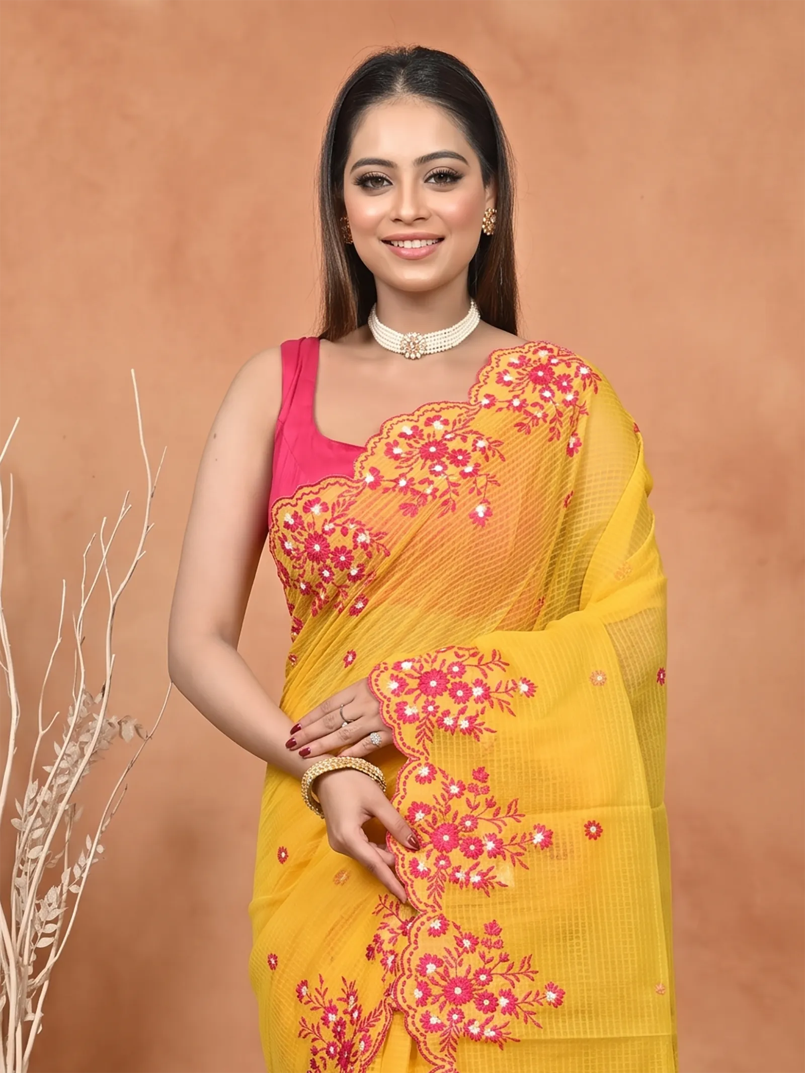 DipDiya Pure Cotton  Traditional Bengali Yellow Artisan Crafted Kotambo Kota Embroidery Saree