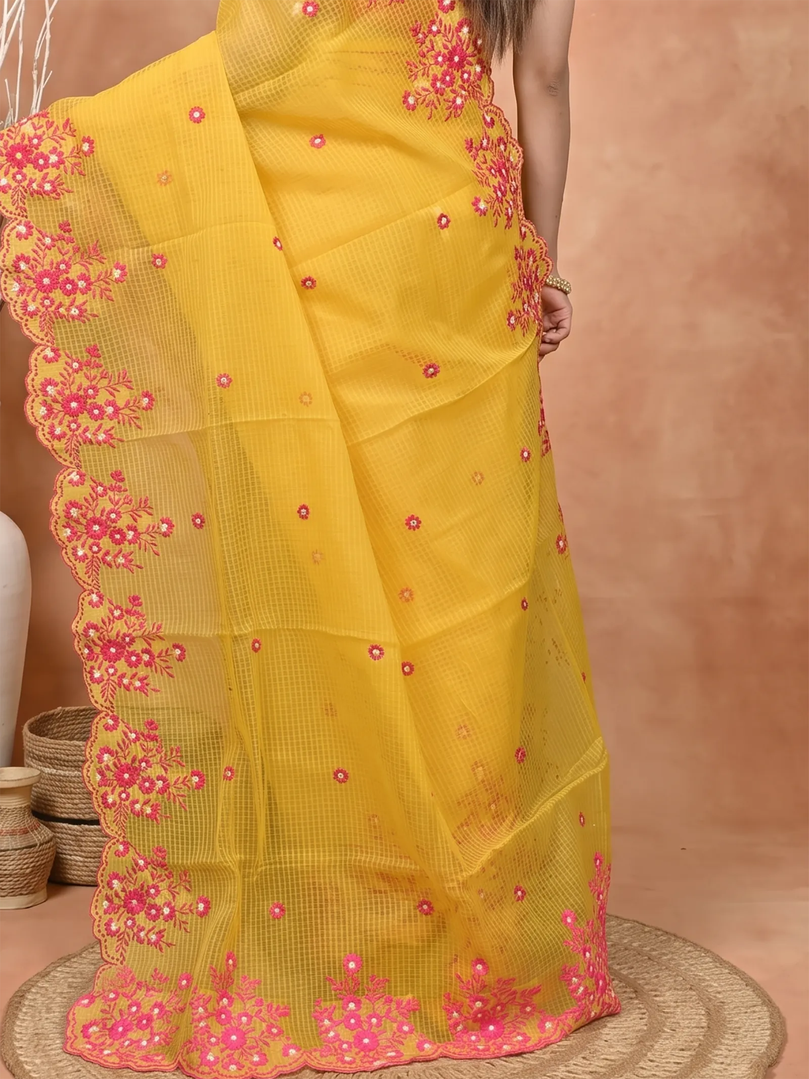 DipDiya Pure Cotton  Traditional Bengali Yellow Artisan Crafted Kotambo Kota Embroidery Saree