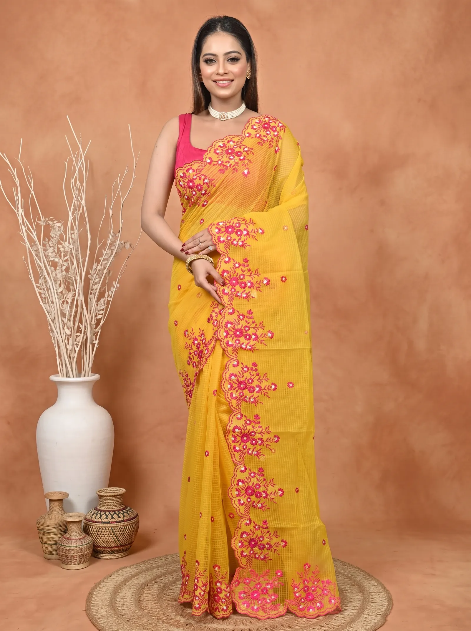 DipDiya Pure Cotton  Traditional Bengali Yellow Artisan Crafted Kotambo Kota Embroidery Saree