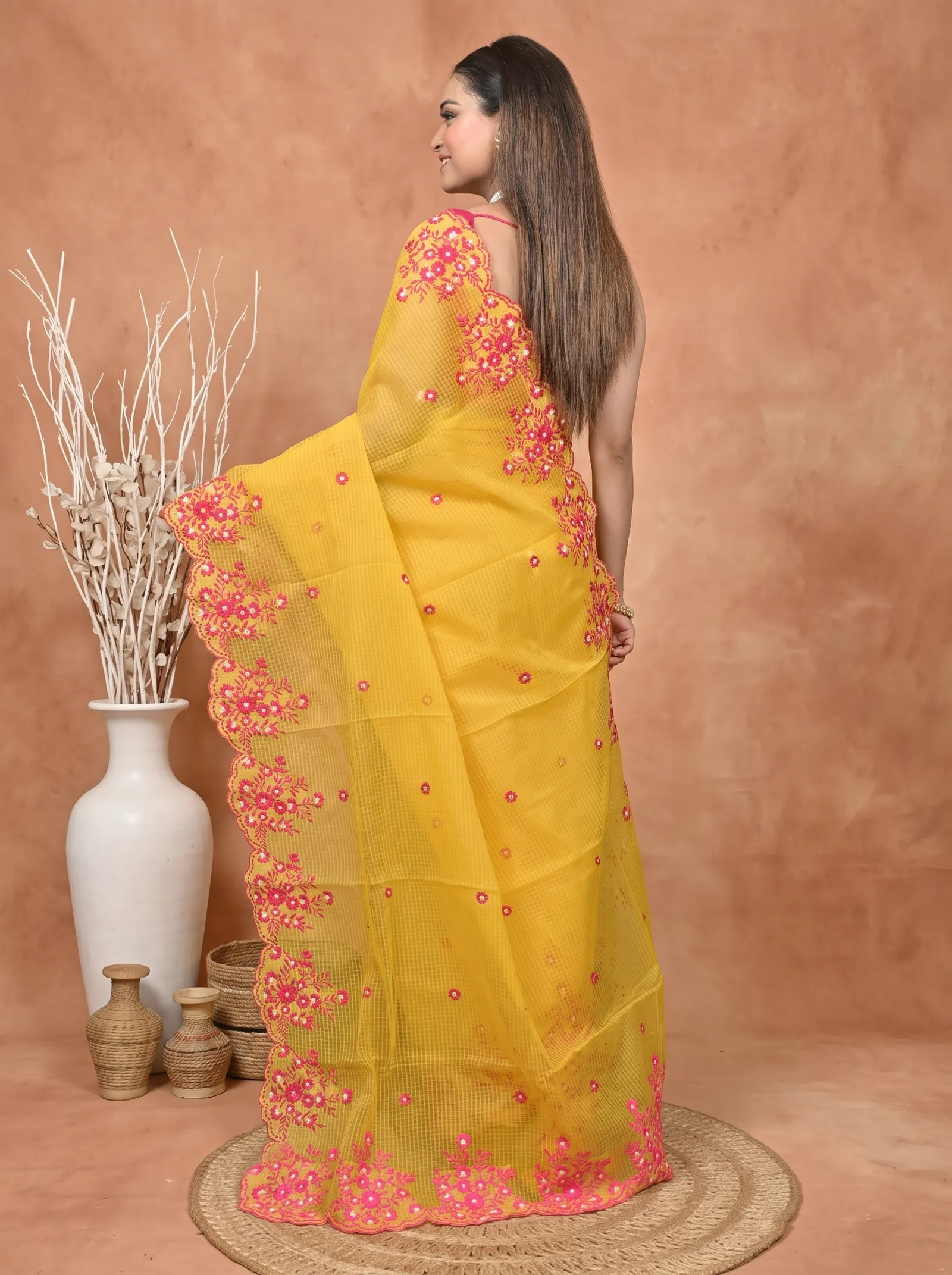 DipDiya Pure Cotton  Traditional Bengali Yellow Artisan Crafted Kotambo Kota Embroidery Saree