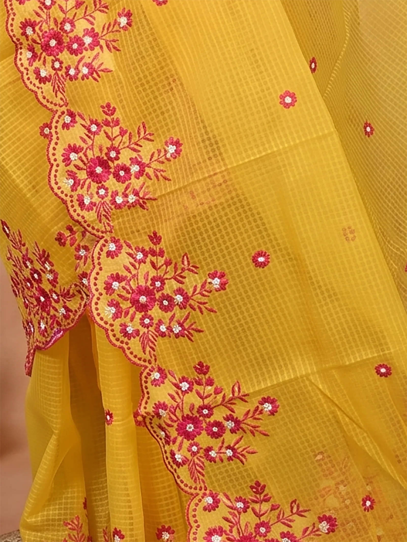 DipDiya Pure Cotton  Traditional Bengali Yellow Artisan Crafted Kotambo Kota Embroidery Saree