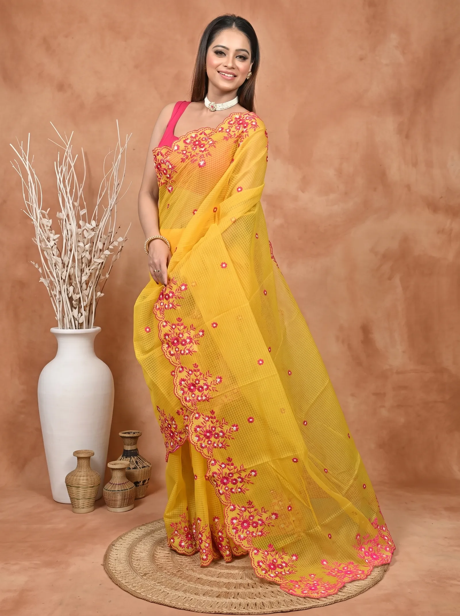 DipDiya Pure Cotton  Traditional Bengali Yellow Artisan Crafted Kotambo Kota Embroidery Saree