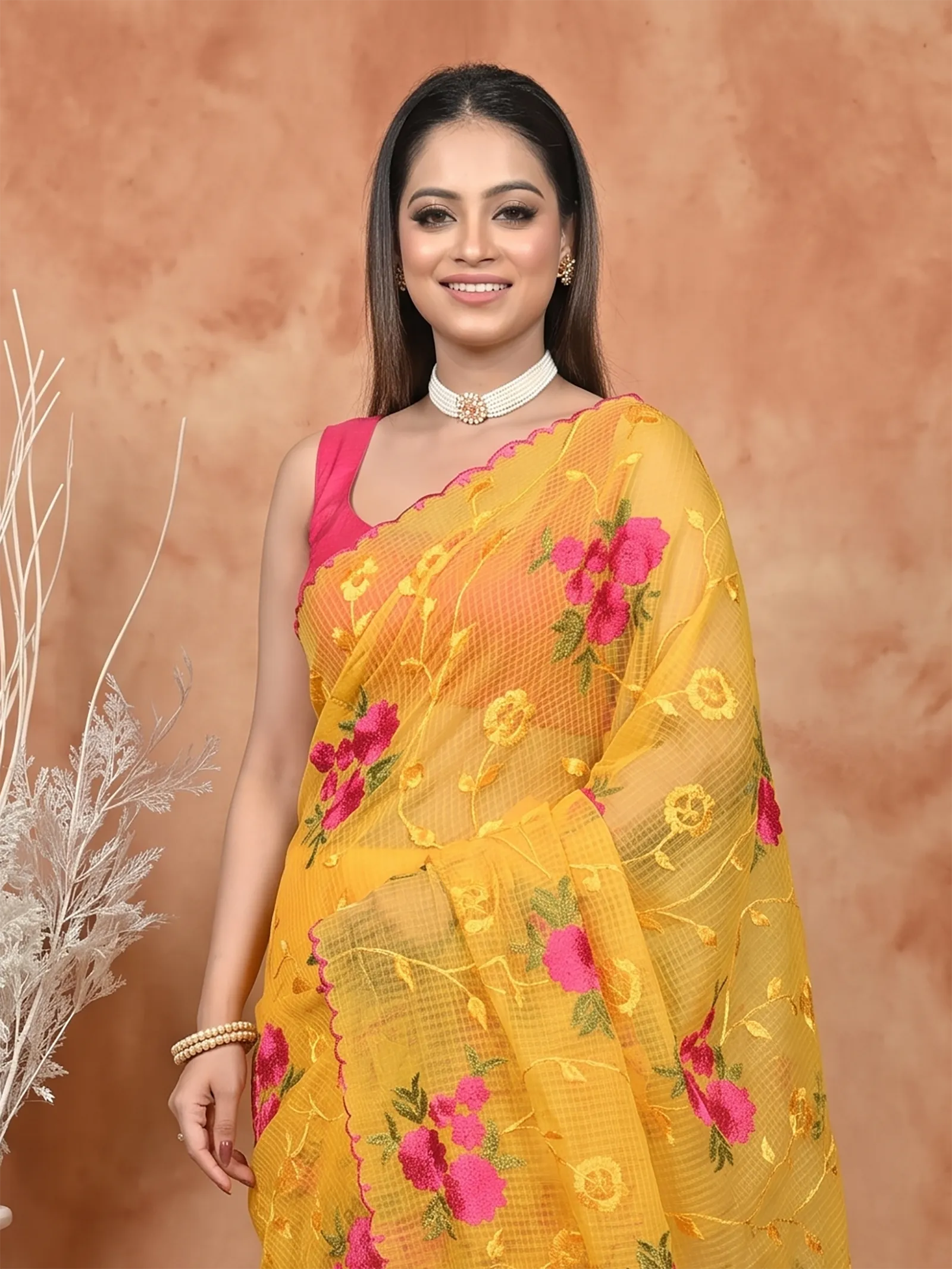 DipDiya Pure Cotton  Traditional Bengali Yellow Artisan Crafted Kotamboi Kota Embroidery Saree