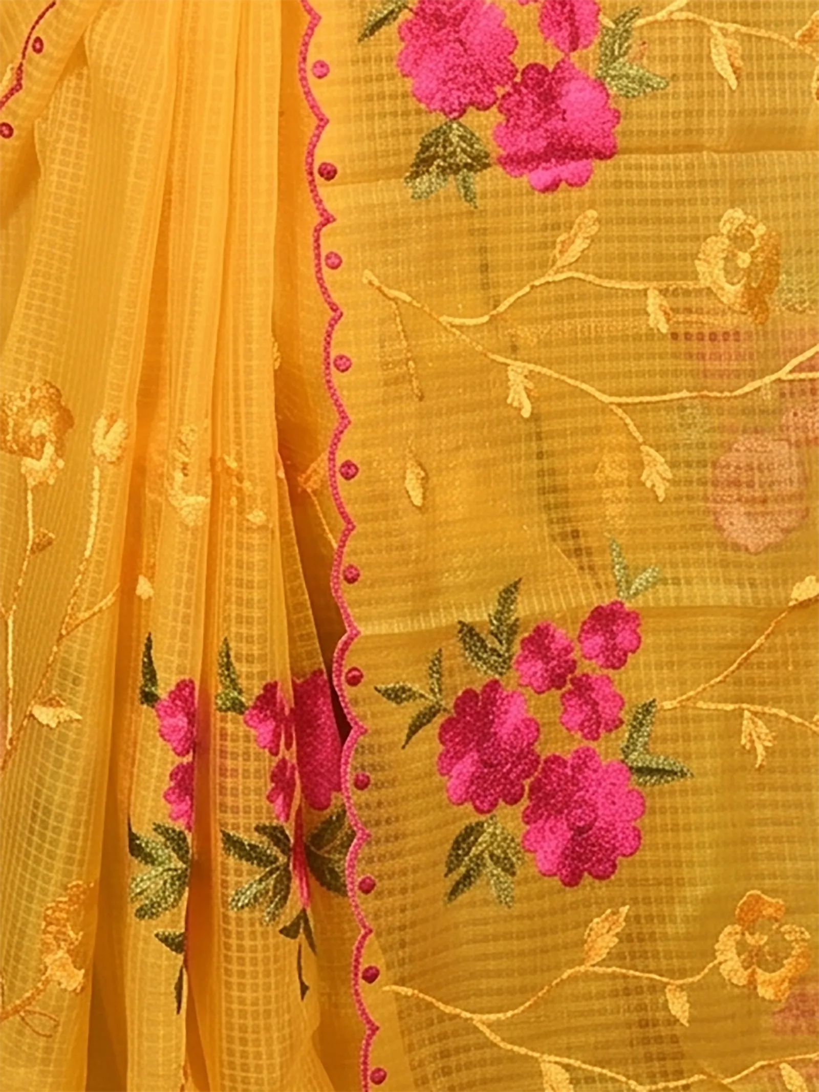 DipDiya Pure Cotton  Traditional Bengali Yellow Artisan Crafted Kotamboi Kota Embroidery Saree