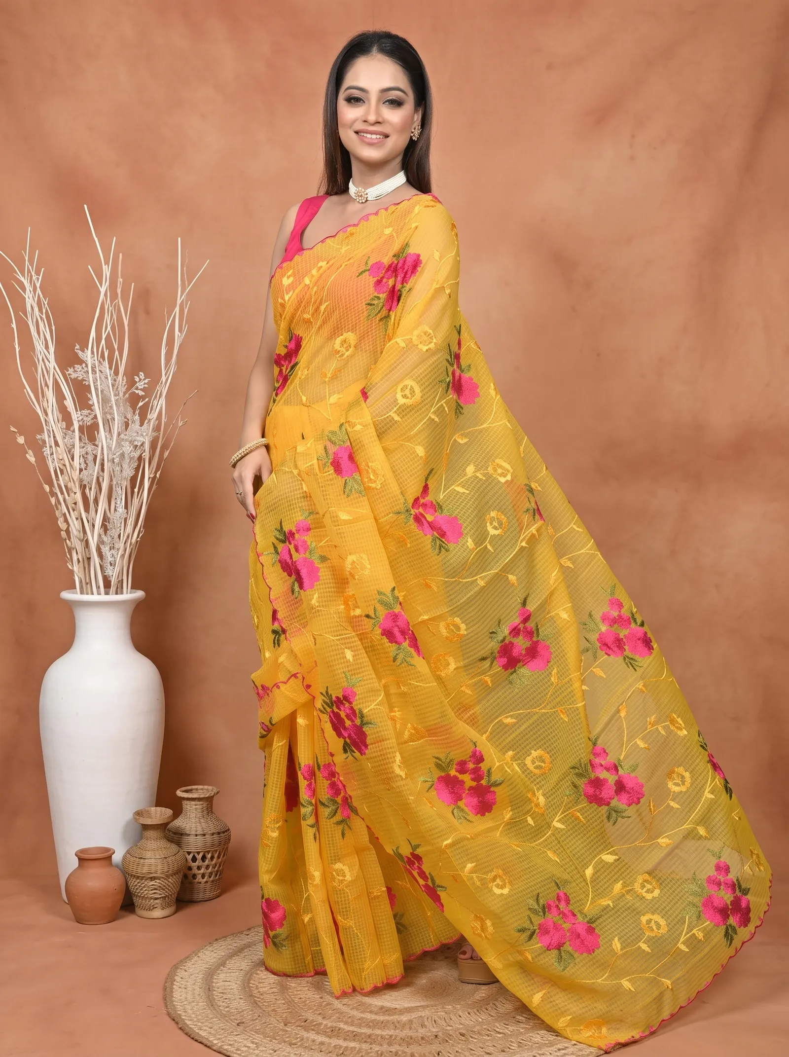 DipDiya Pure Cotton  Traditional Bengali Yellow Artisan Crafted Kotamboi Kota Embroidery Saree