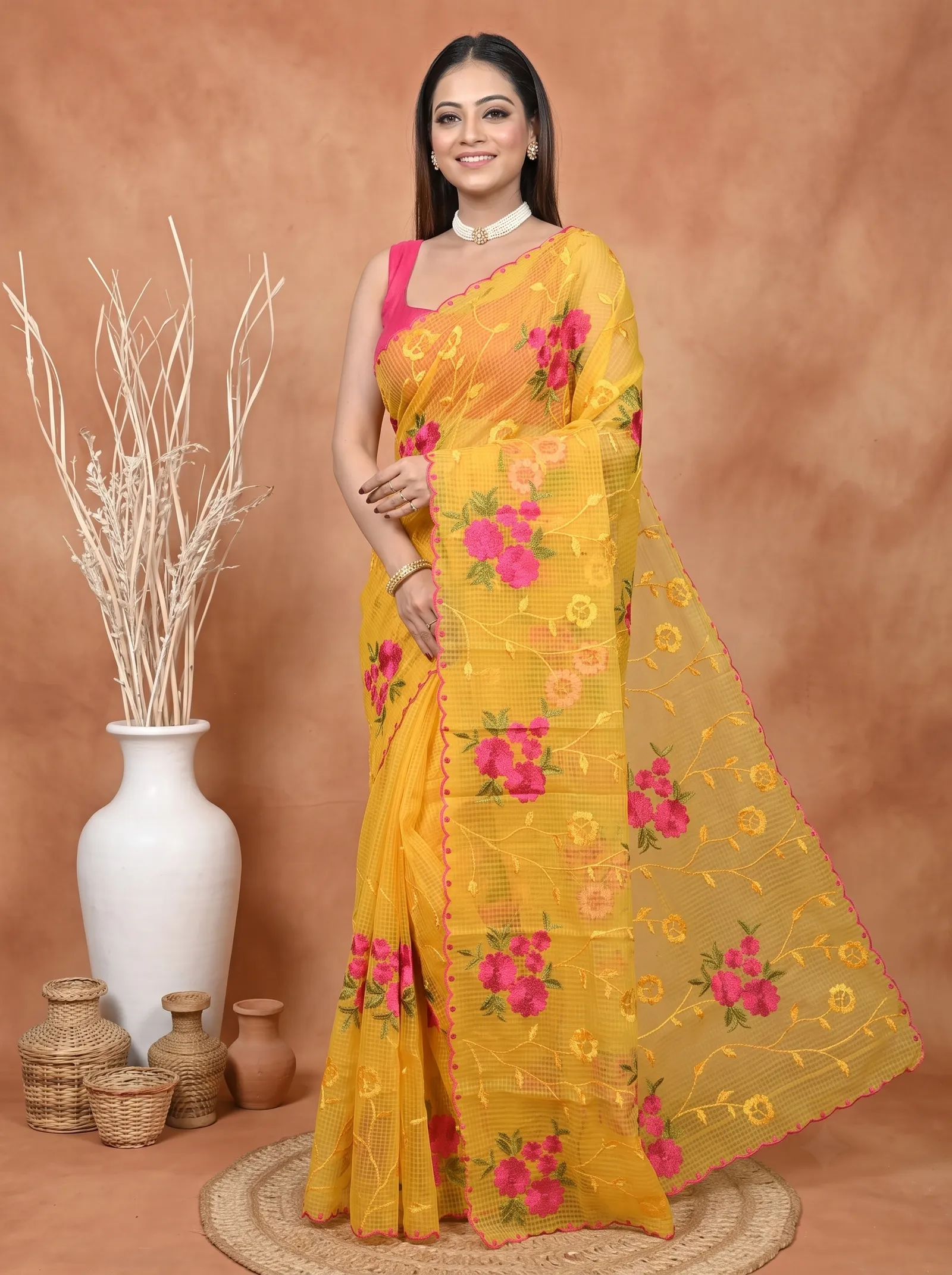 DipDiya Pure Cotton  Traditional Bengali Yellow Artisan Crafted Kotamboi Kota Embroidery Saree