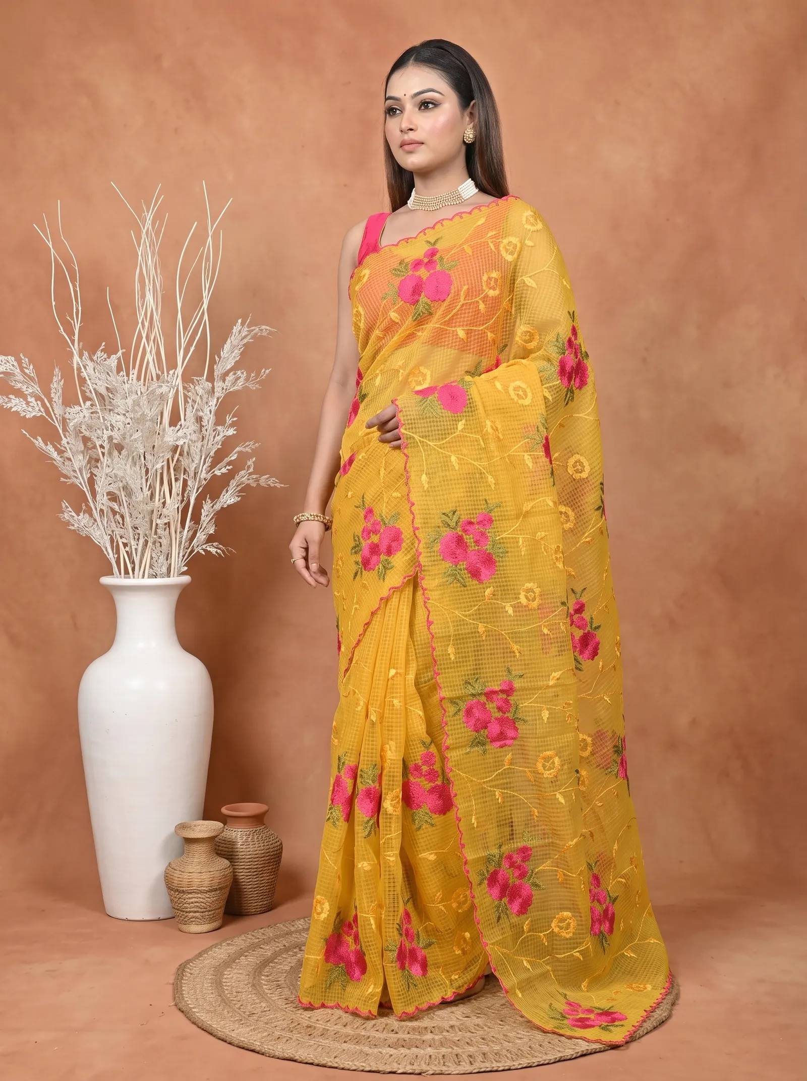 DipDiya Pure Cotton  Traditional Bengali Yellow Artisan Crafted Kotamboi Kota Embroidery Saree