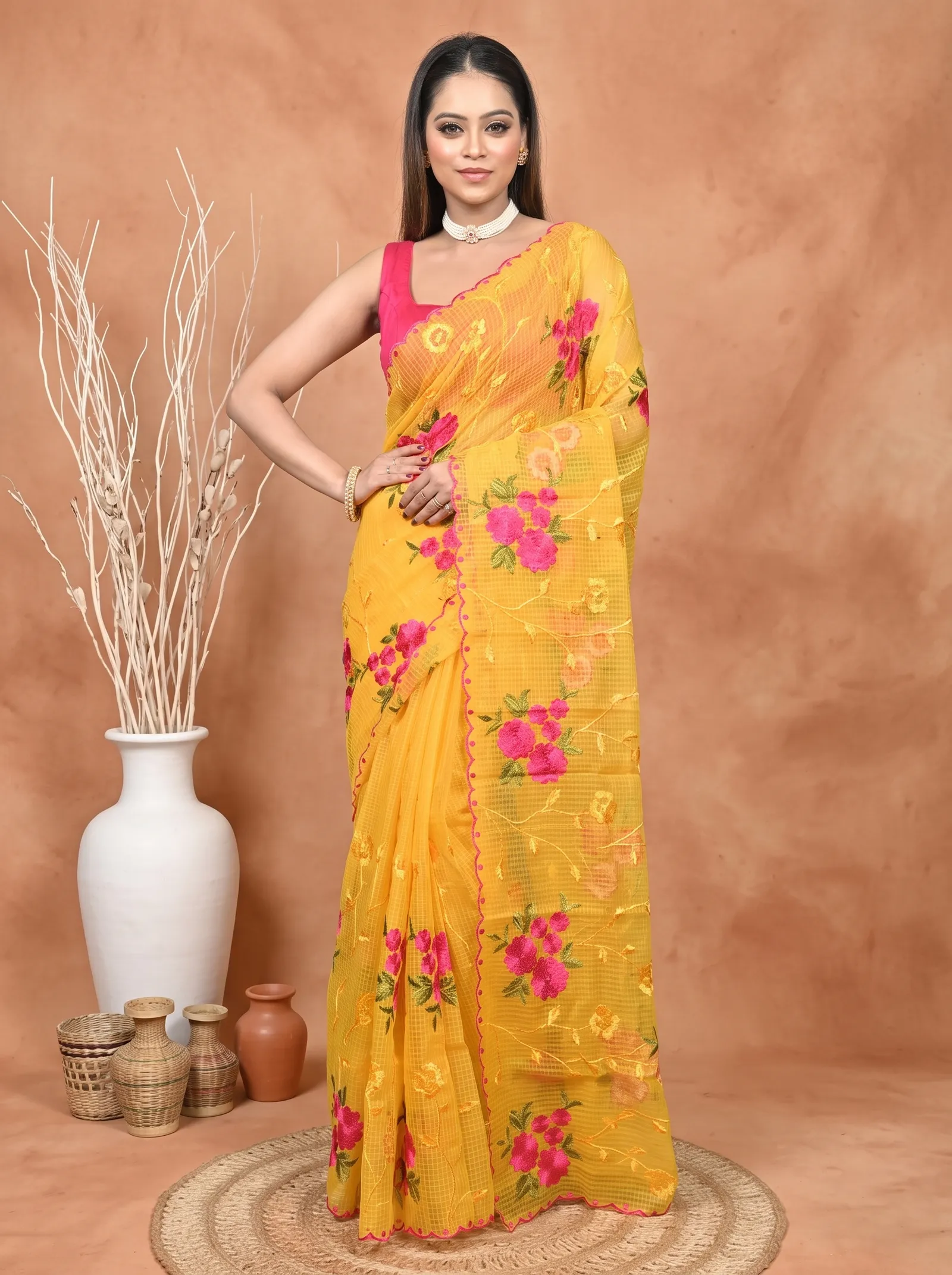 DipDiya Pure Cotton  Traditional Bengali Yellow Artisan Crafted Kotamboi Kota Embroidery Saree