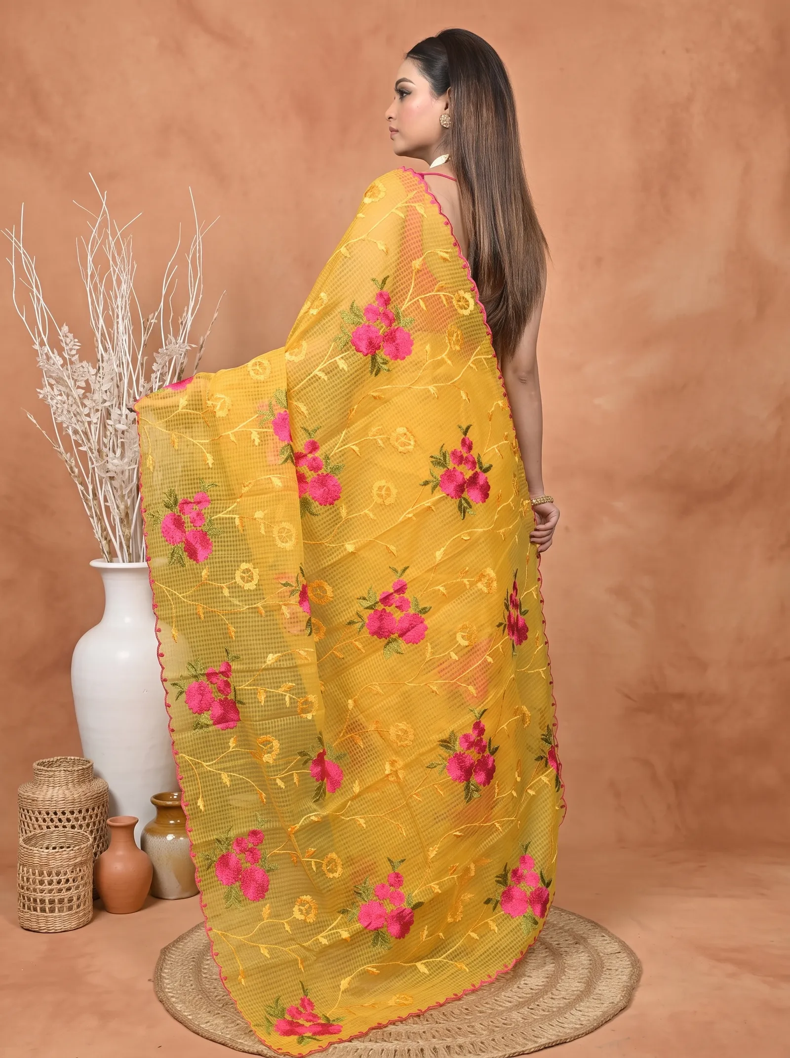 DipDiya Pure Cotton  Traditional Bengali Yellow Artisan Crafted Kotamboi Kota Embroidery Saree