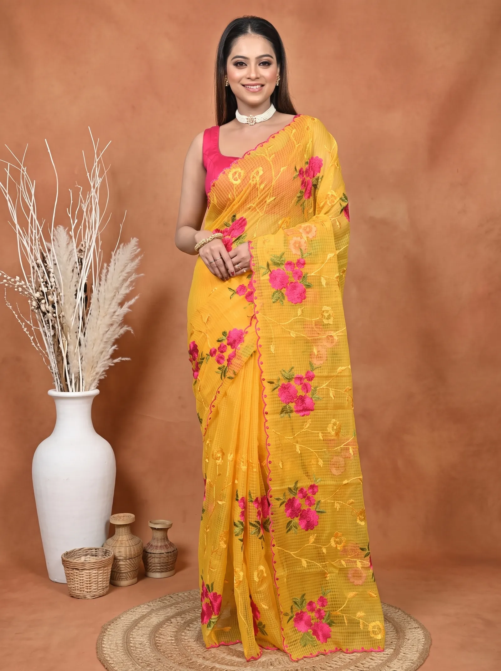 DipDiya Pure Cotton  Traditional Bengali Yellow Artisan Crafted Kotamboi Kota Embroidery Saree
