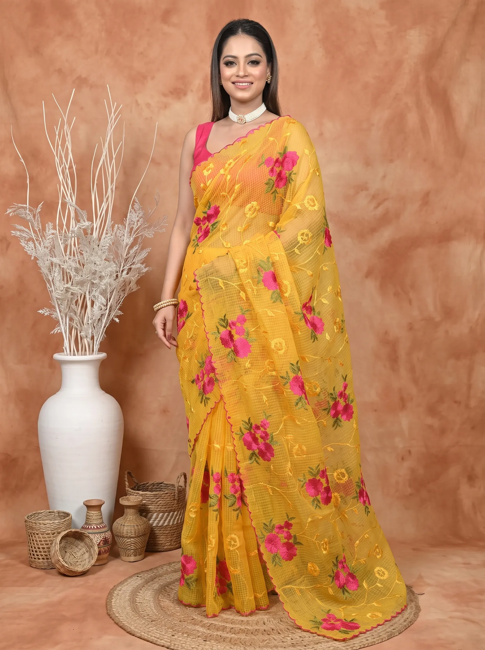 DipDiya Pure Cotton  Traditional Bengali Yellow Artisan Crafted Kotamboi Kota Embroidery Saree